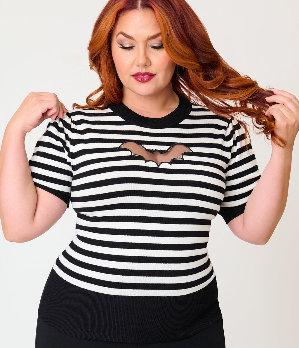 Smak Parlour Plus Size Black & White Striped Bat Cutout Sweater
