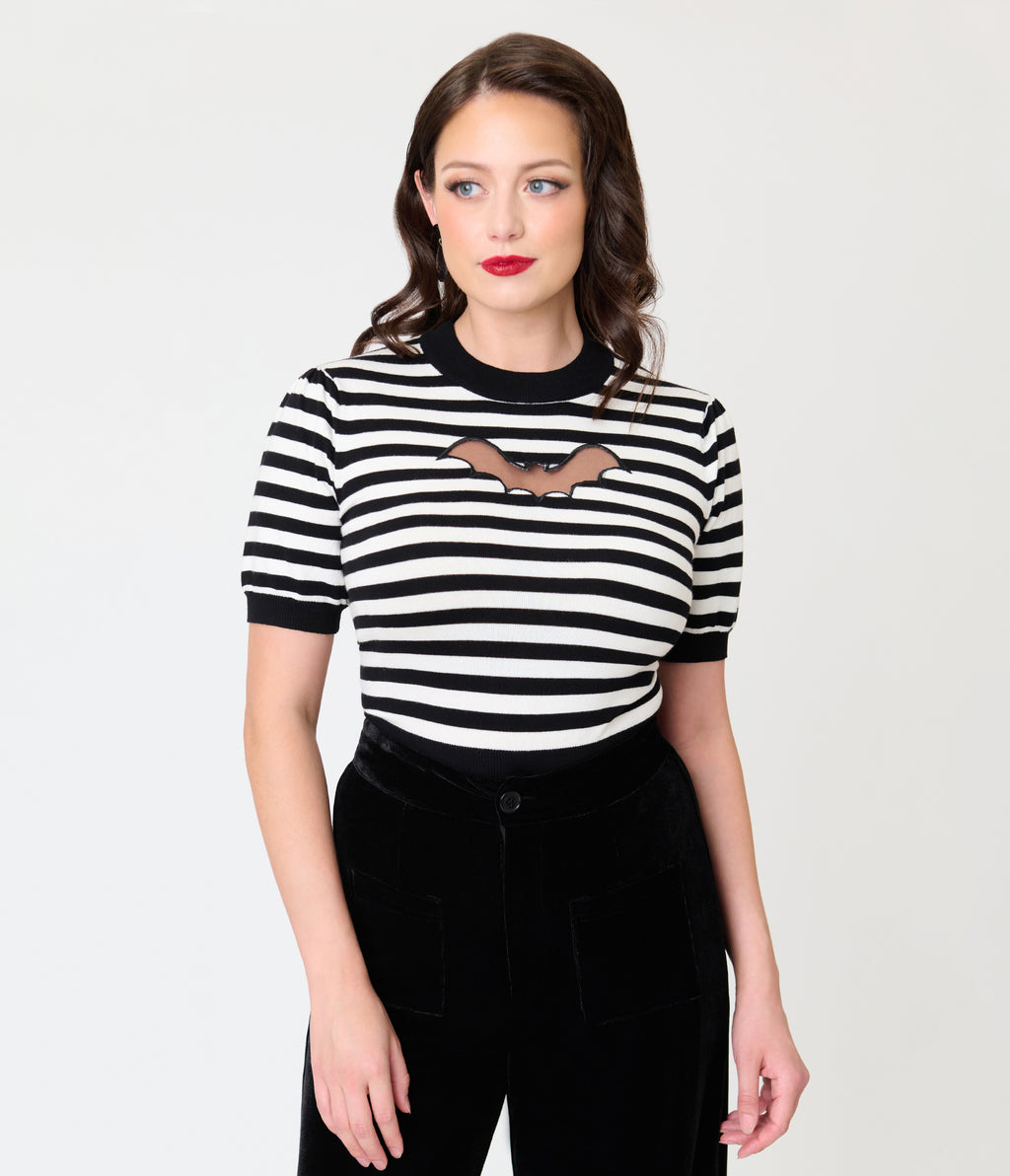 Smak Parlour Black & White Striped Bat Cutout Sweater