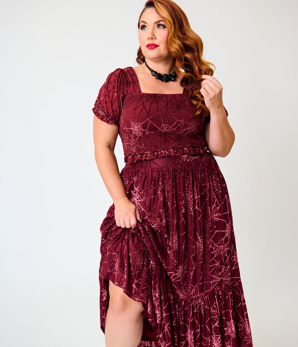 Smak Parlour Plus Size Burgundy Spider Web Burnout Crop Top