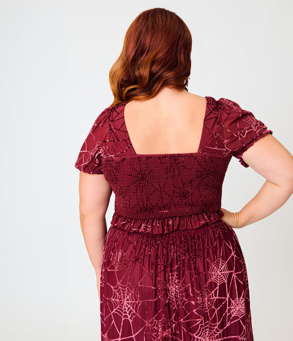 Smak Parlour Plus Size Burgundy Spider Web Burnout Crop Top