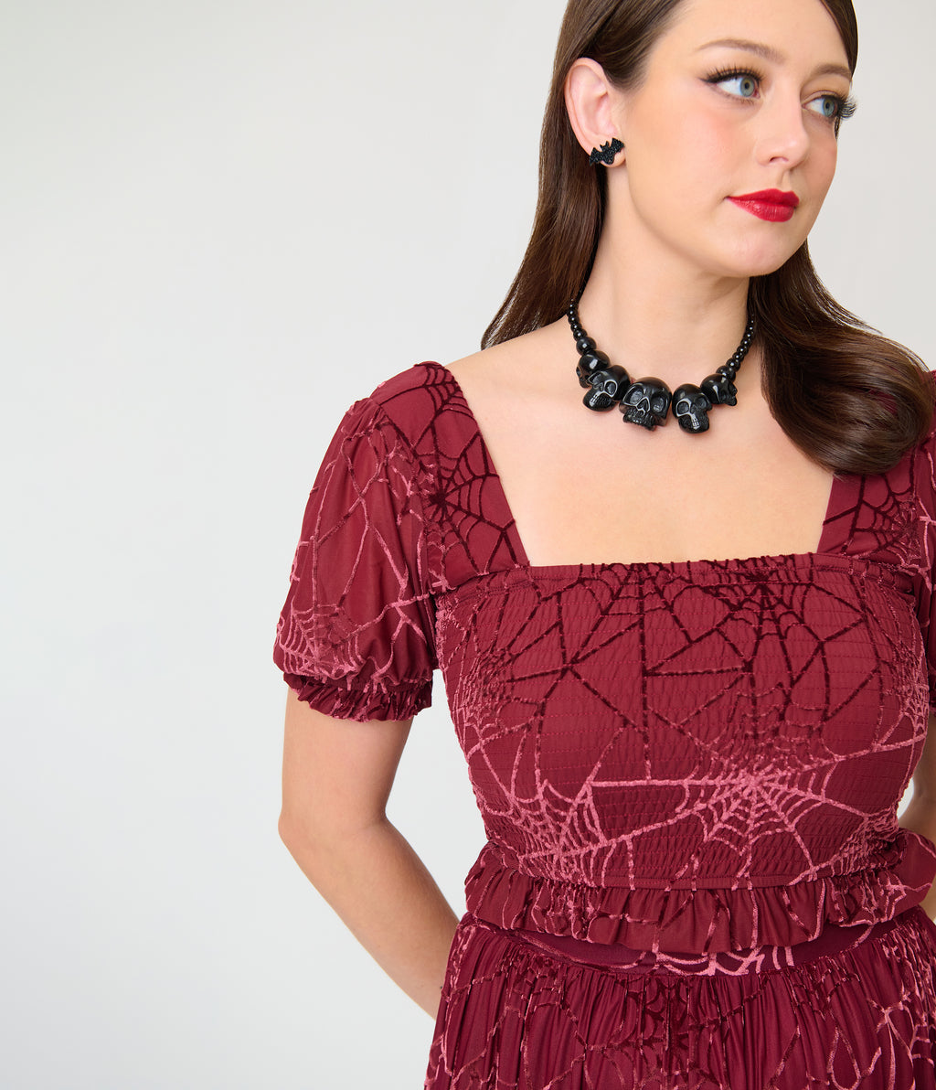 Smak Parlour Burgundy Spider Web Burnout Crop Top