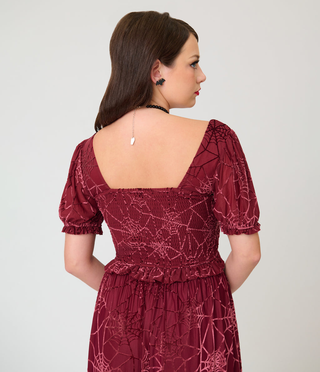 Smak Parlour Burgundy Spider Web Burnout Crop Top