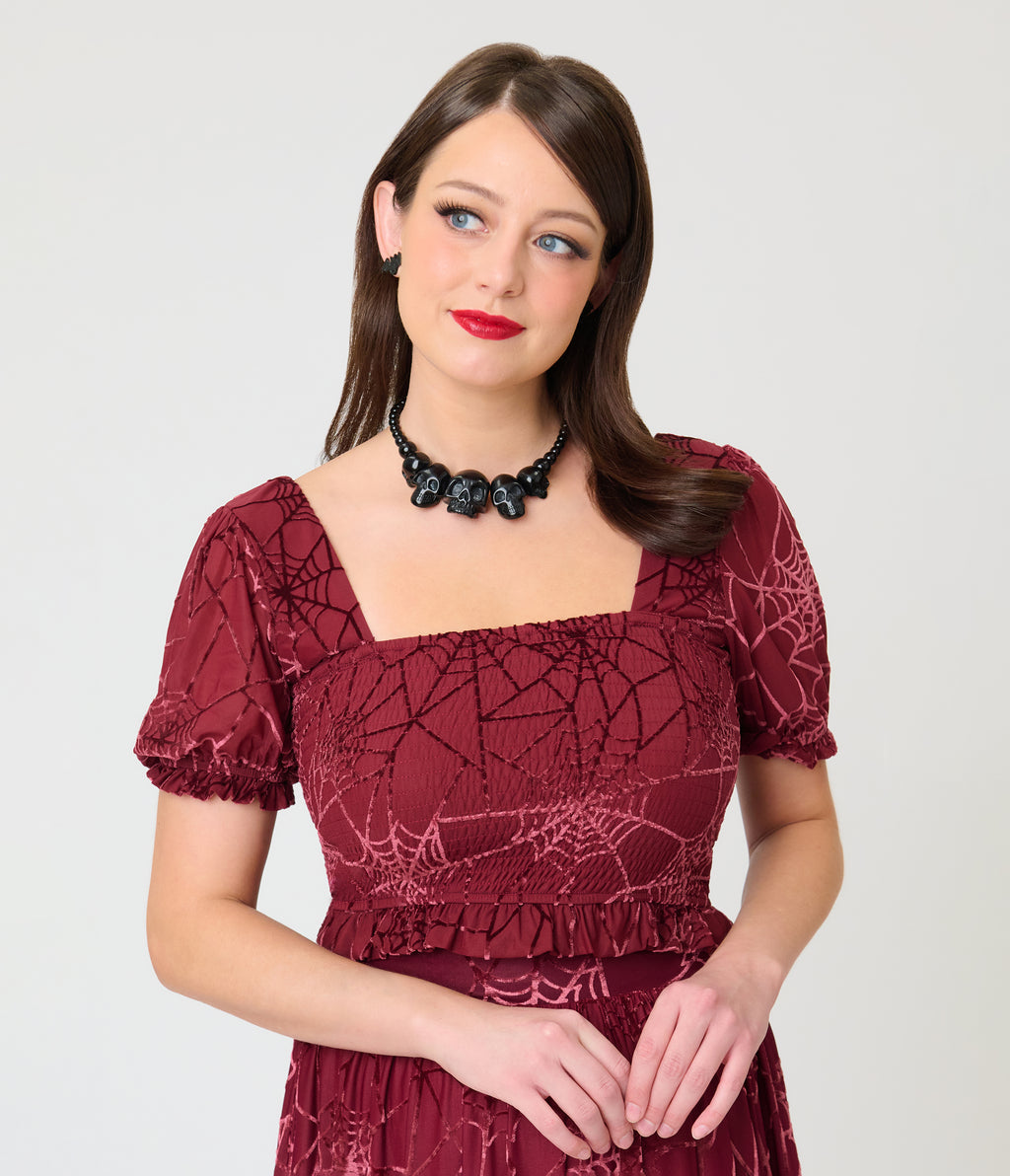 Smak Parlour Burgundy Spider Web Burnout Crop Top