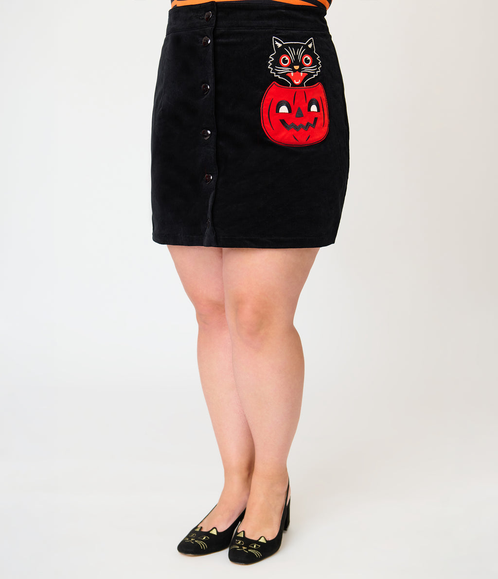 Smak Parlour Plus Size Black Cat & Pumpkin Pocket Mini Skirt