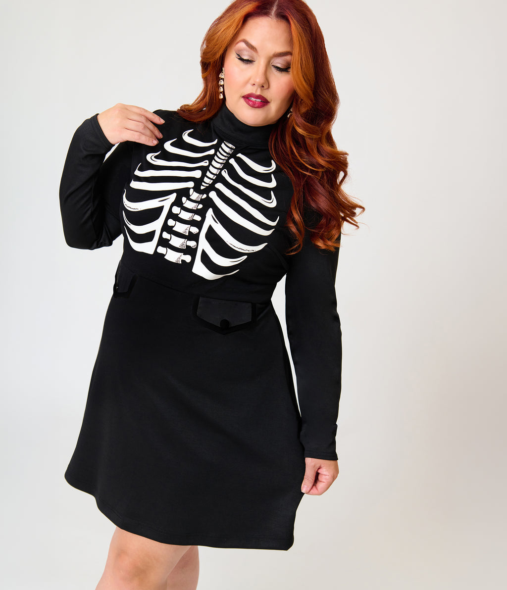Smak Parlour Plus Size Black Glow in the Dark Skeleton Mock Turtleneck Fit & Flare Lori Dress