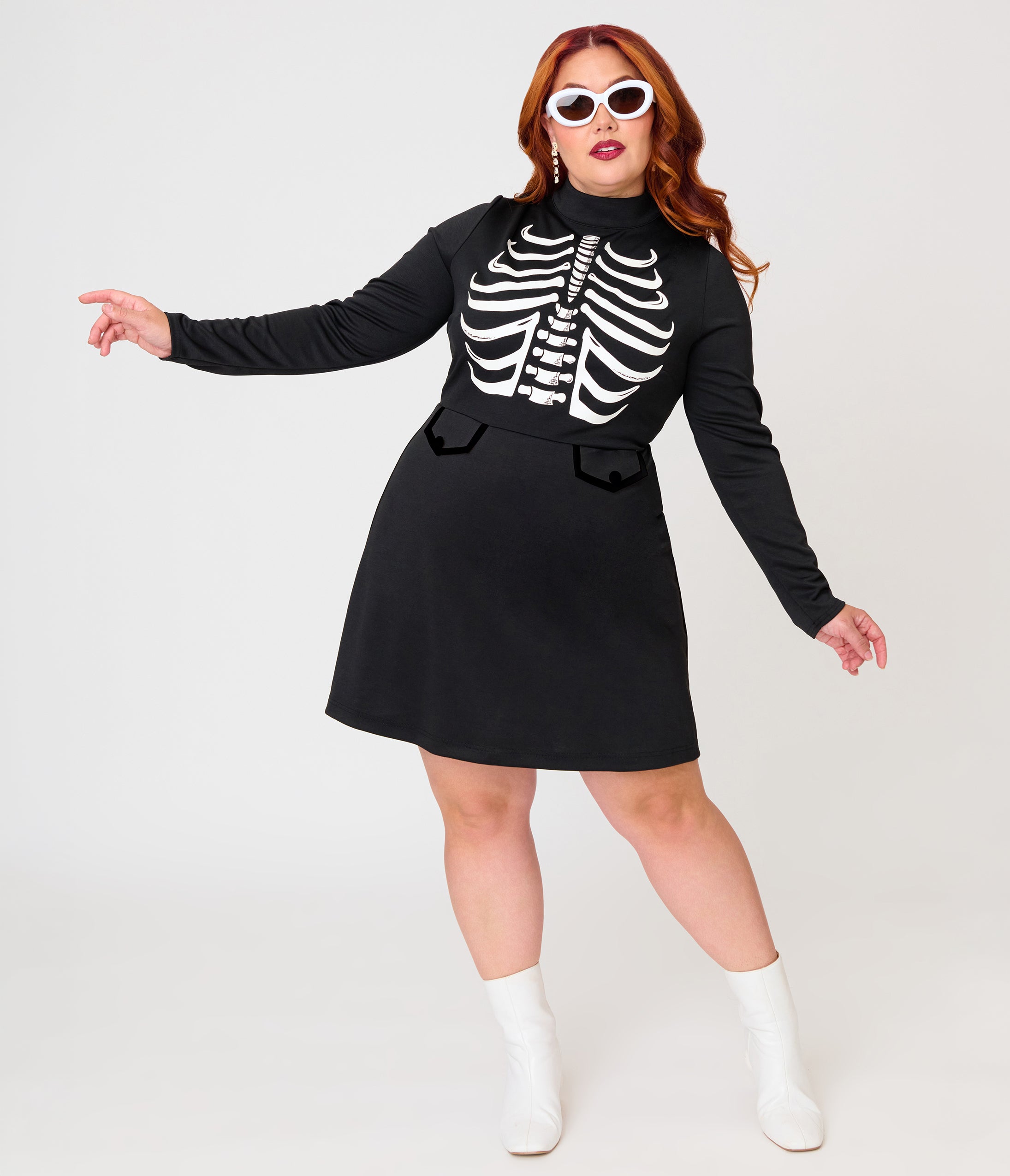 Smak Parlour Plus Size Black Glow in the Dark Skeleton Mock Turtleneck Fit & Flare Lori Dress