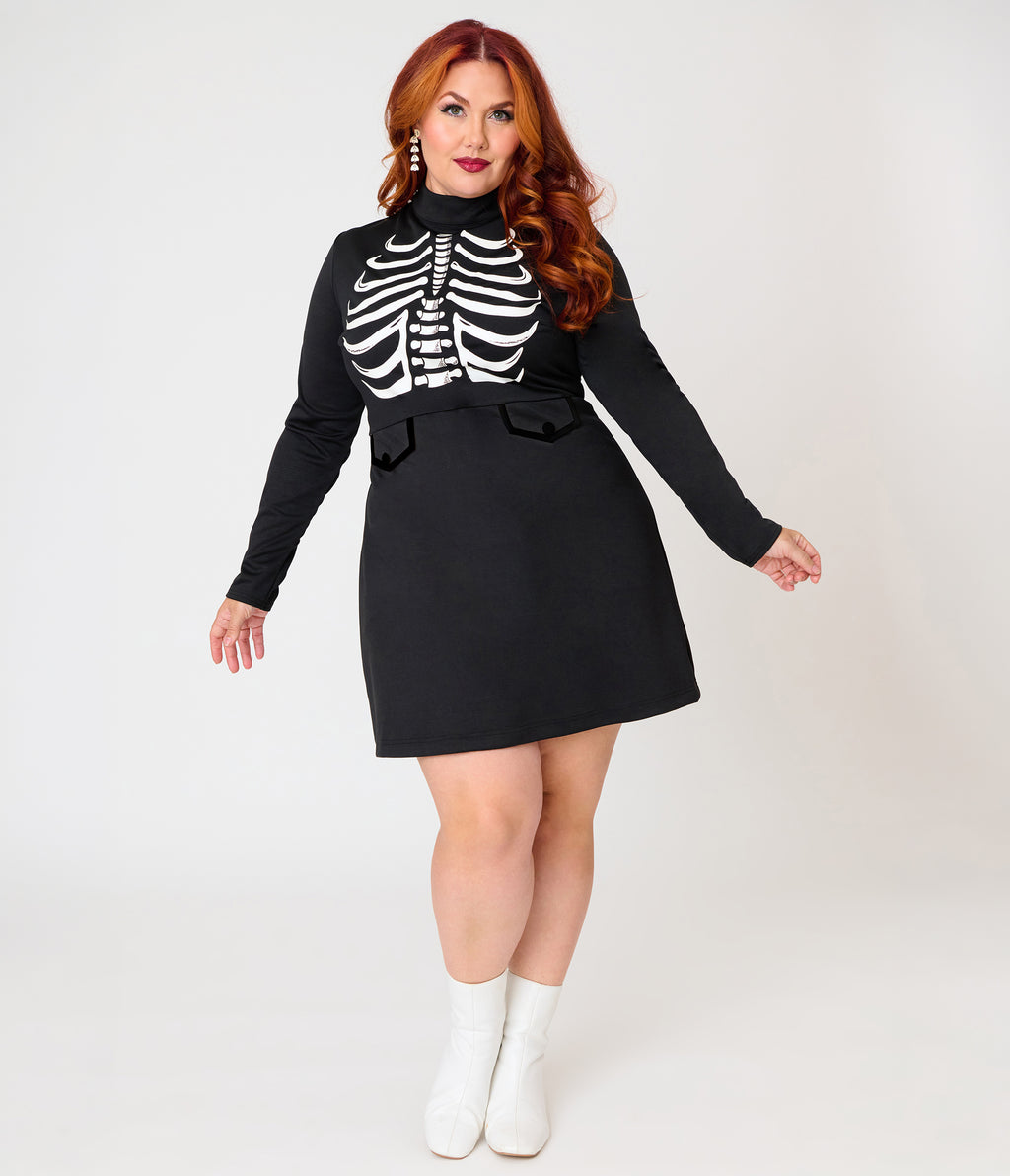 Smak Parlour Plus Size Black Glow in the Dark Skeleton Mock Turtleneck Fit & Flare Lori Dress