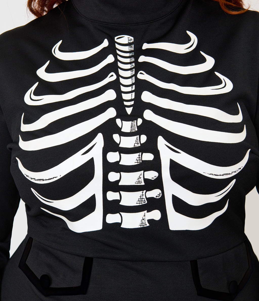 Smak Parlour Plus Size Black Glow in the Dark Skeleton Mock Turtleneck Fit & Flare Lori Dress