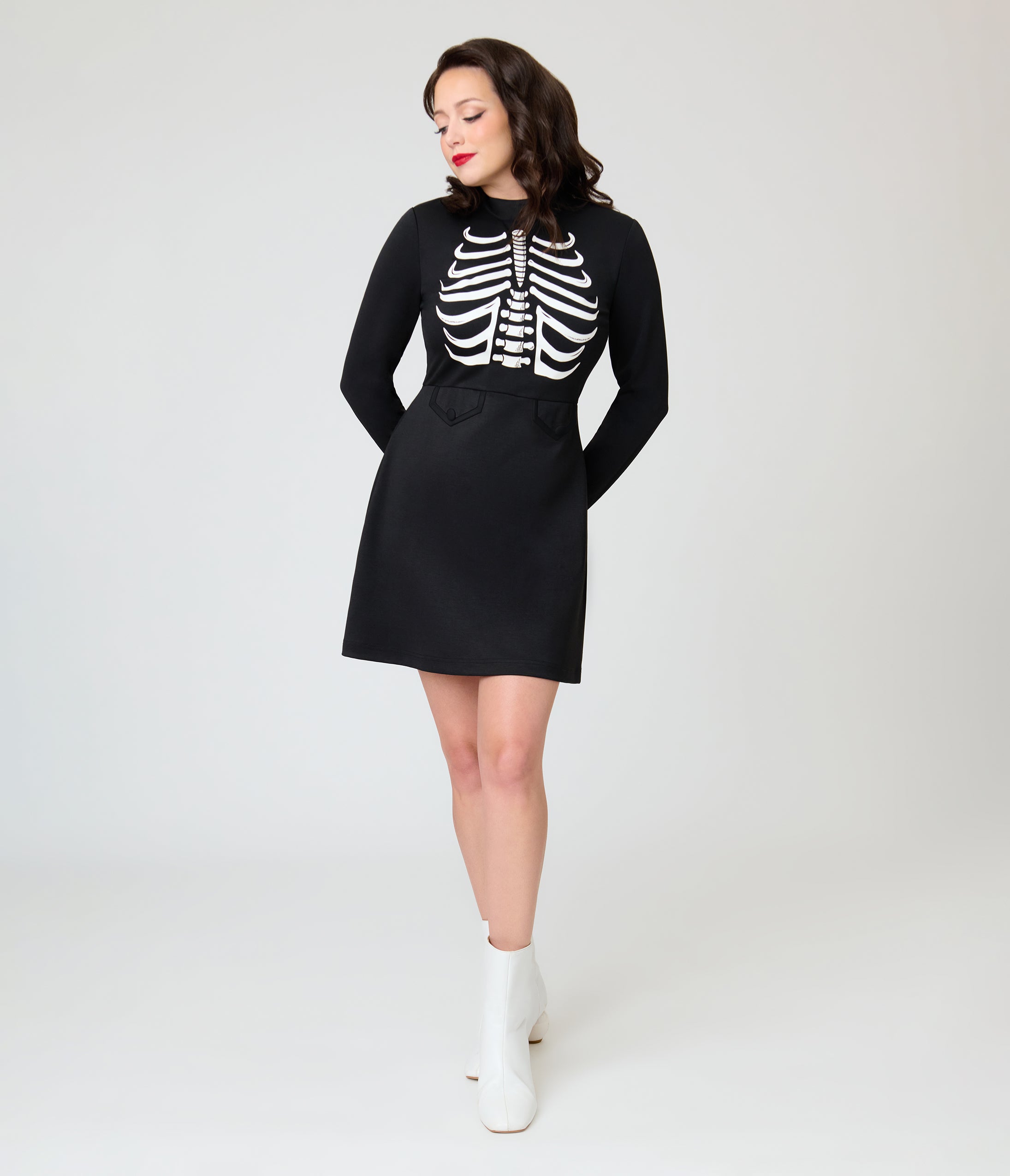Smak Parlour Black Glow in the Dark Skeleton Mock Turtleneck Fit & Flare Lori Dress