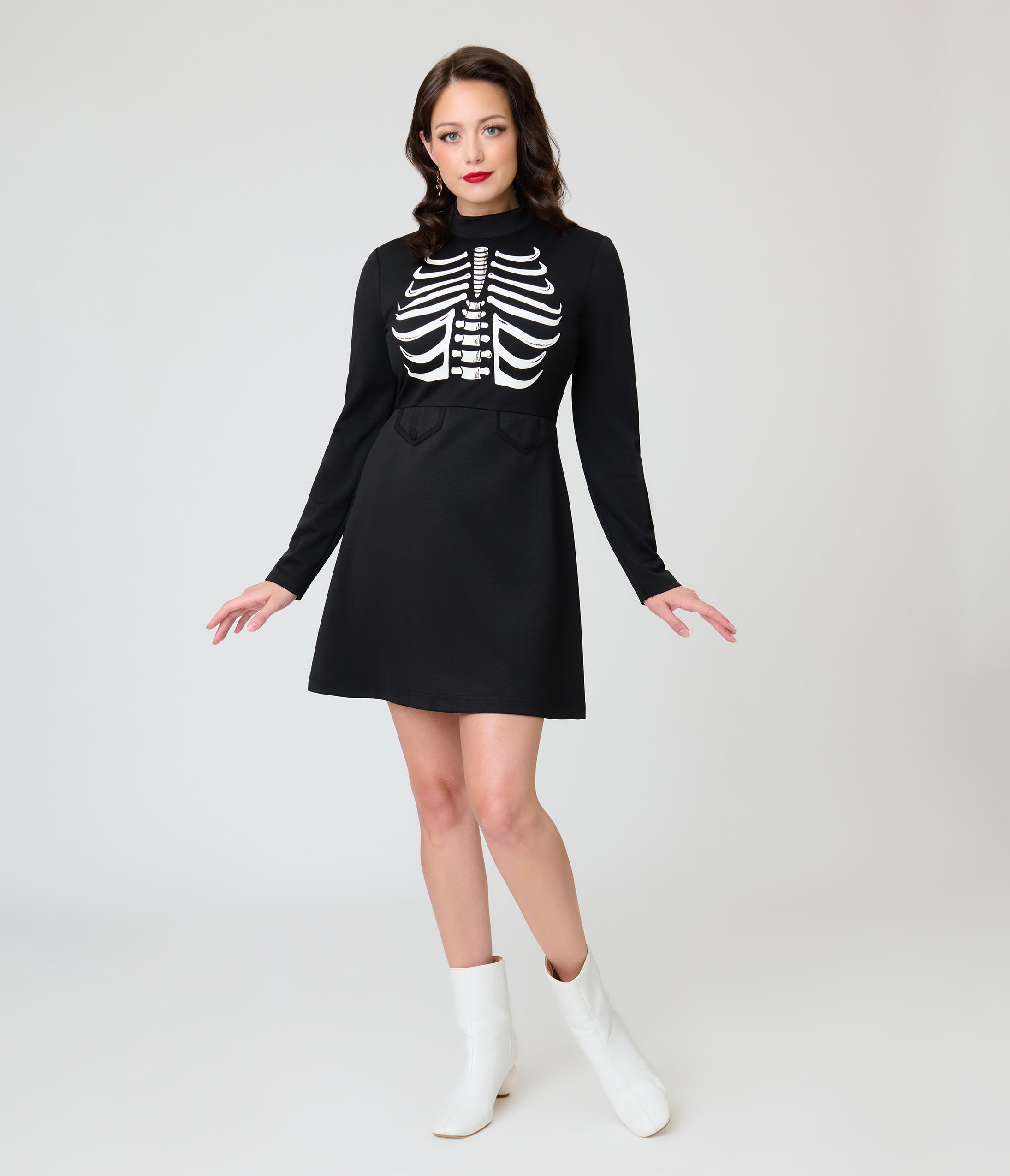 Smak Parlour Black Glow in the Dark Skeleton Mock Turtleneck Fit & Flare Lori Dress