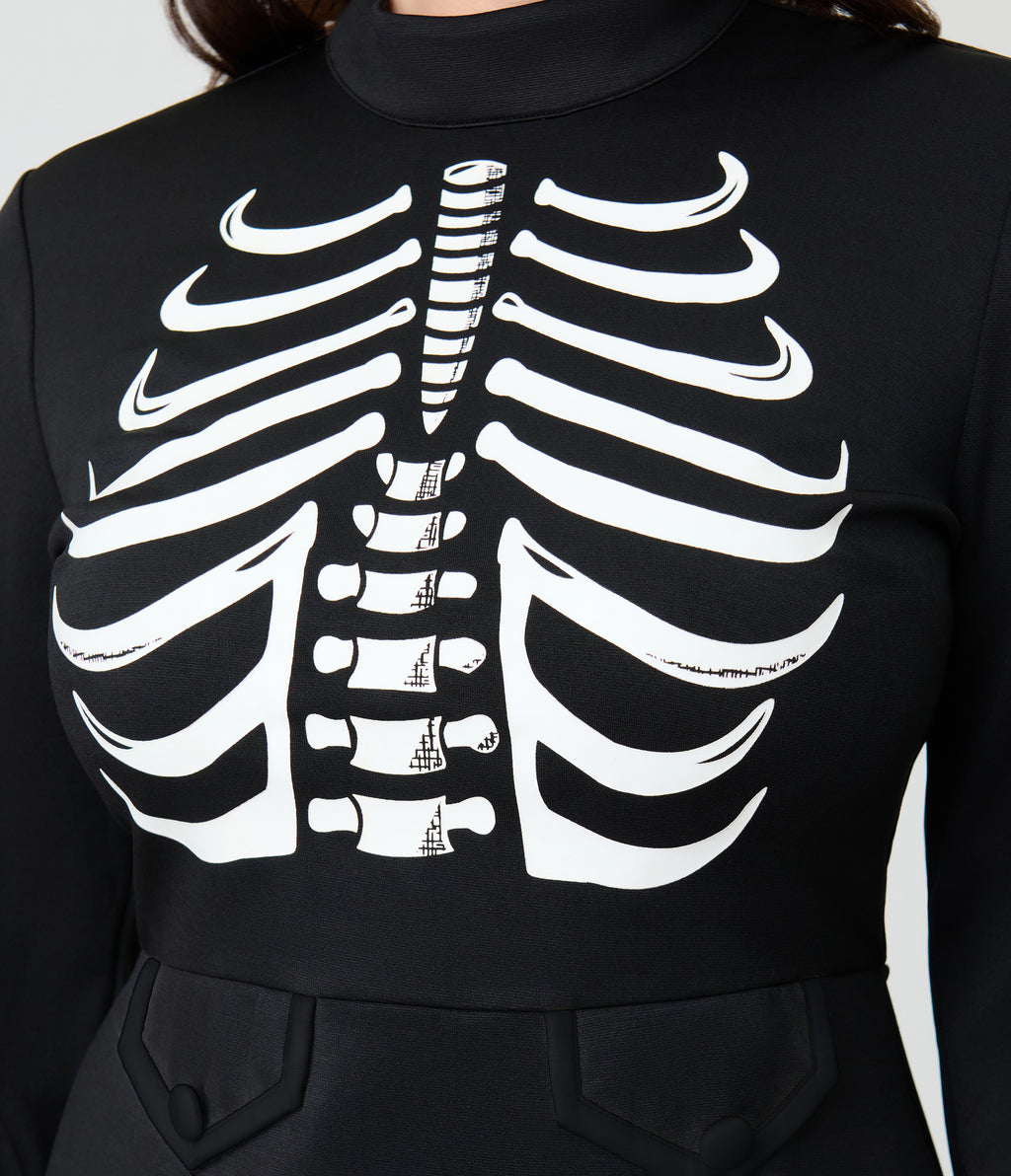 Smak Parlour Black Glow in the Dark Skeleton Mock Turtleneck Fit & Flare Lori Dress