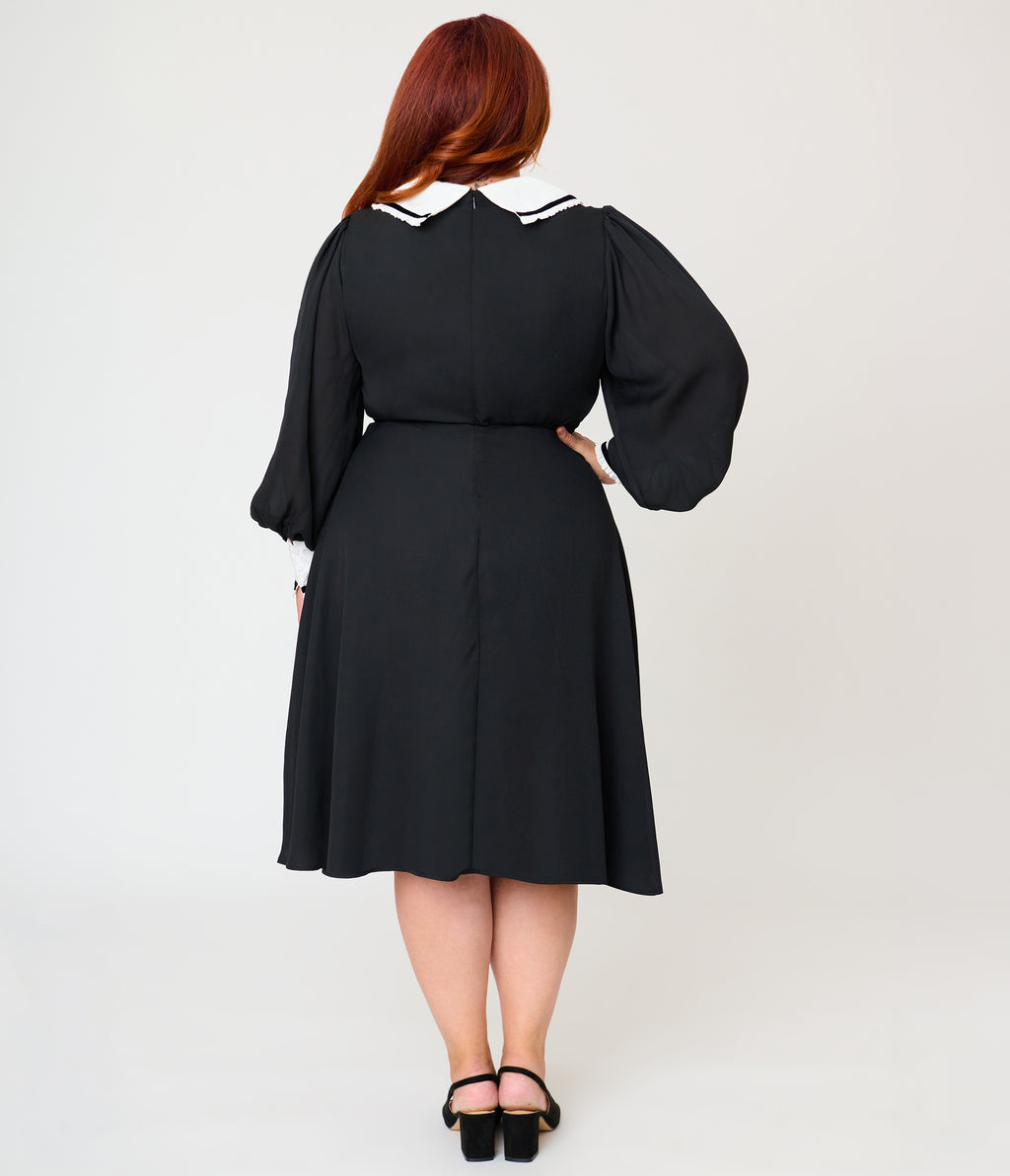 Unique Vintage Plus Size Black & White Pilgrim Collar Wendy Swing Dress