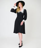 Unique Vintage Black & White Pilgrim Collar Wendy Swing Dress