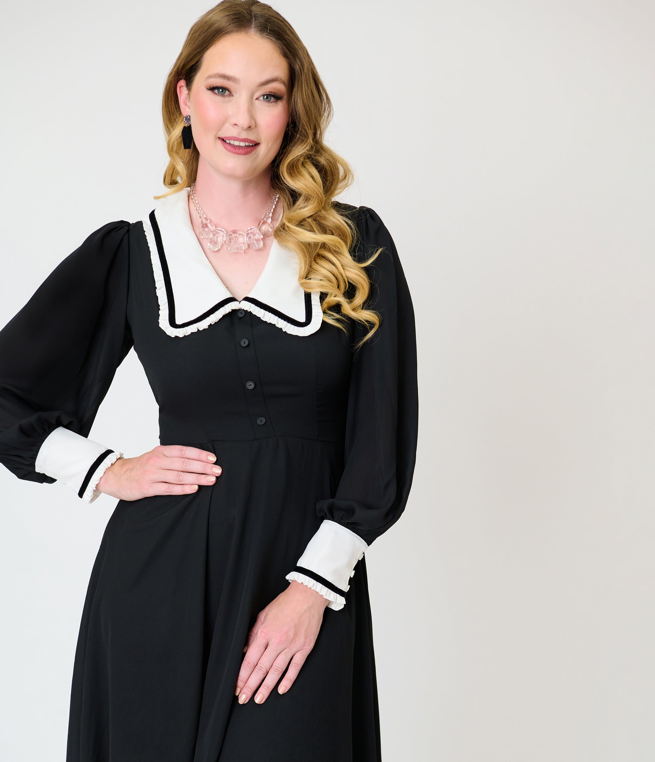 Unique Vintage Black & White Pilgrim Collar Wendy Swing Dress