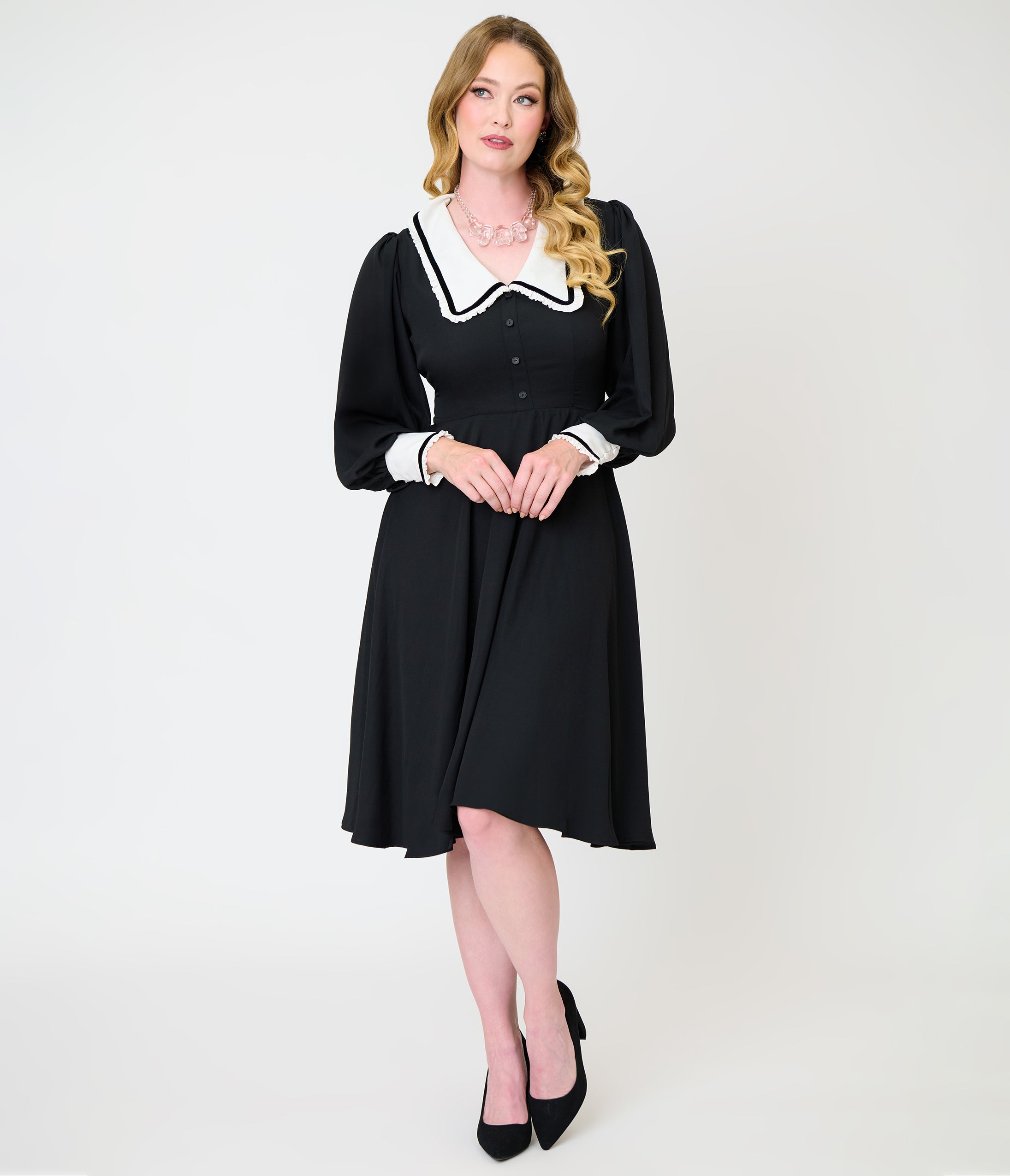 Unique Vintage Black & White Pilgrim Collar Wendy Swing Dress