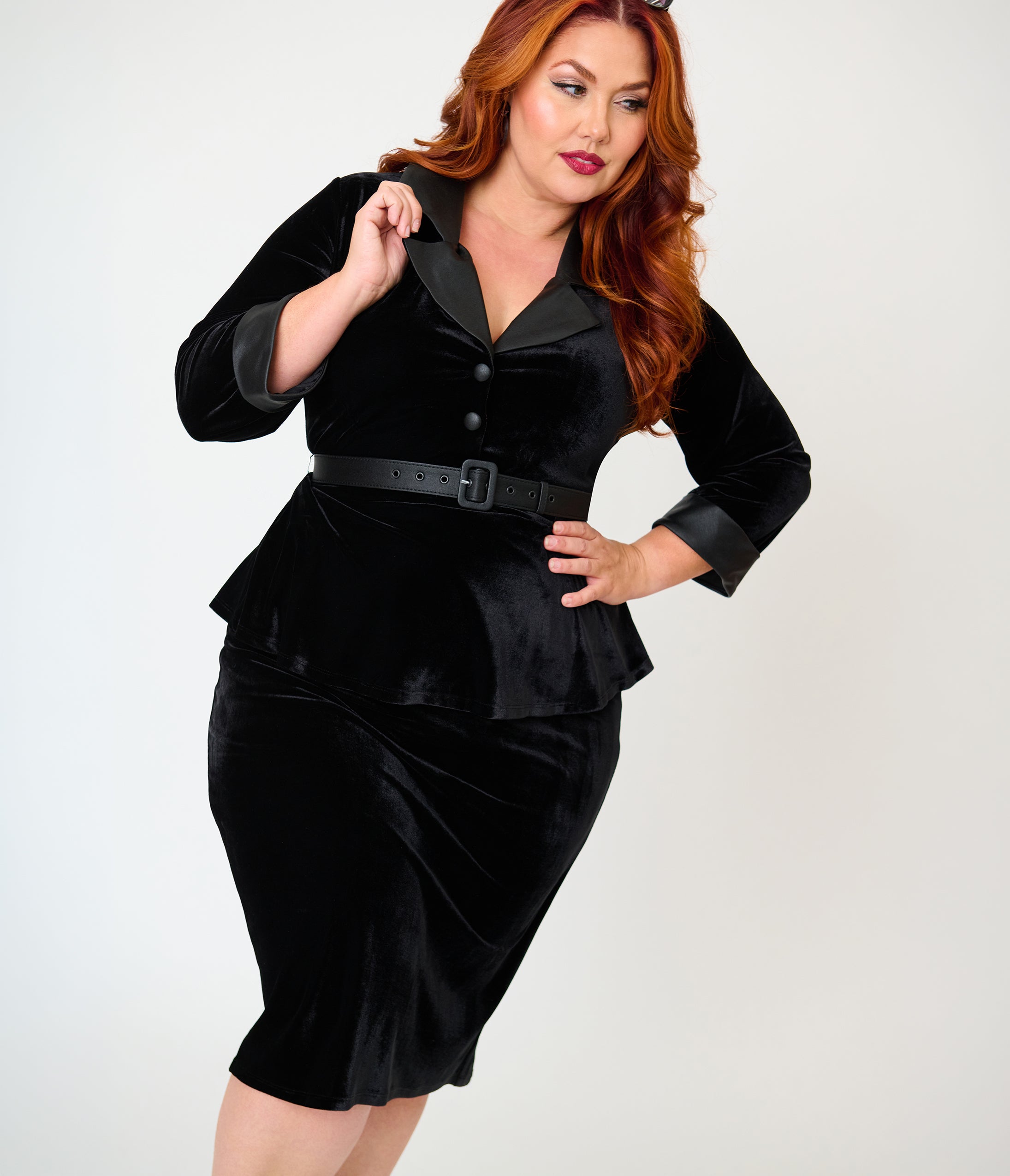 Unique Vintage Plus Size Black Velvet Peplum Cooper Suit Dress