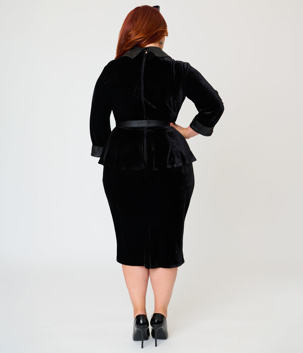 Unique Vintage Plus Size Black Velvet Peplum Cooper Suit Dress