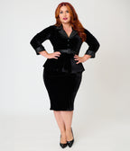 Unique Vintage Plus Size Black Velvet Peplum Cooper Suit Dress