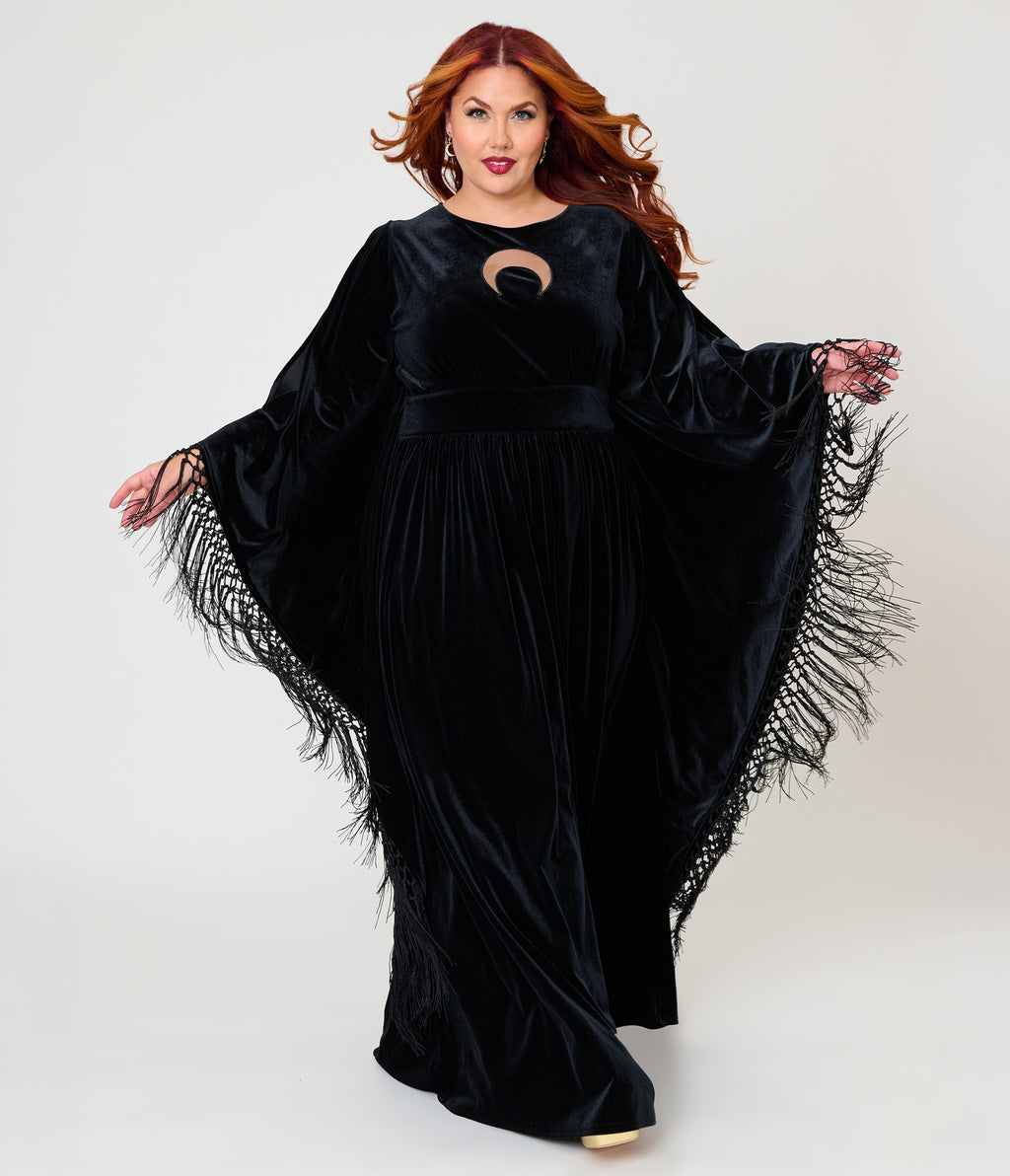 Unique Vintage Plus Size Black Velvet Moon Cutout Fringe Sleeve Dionne Caftan