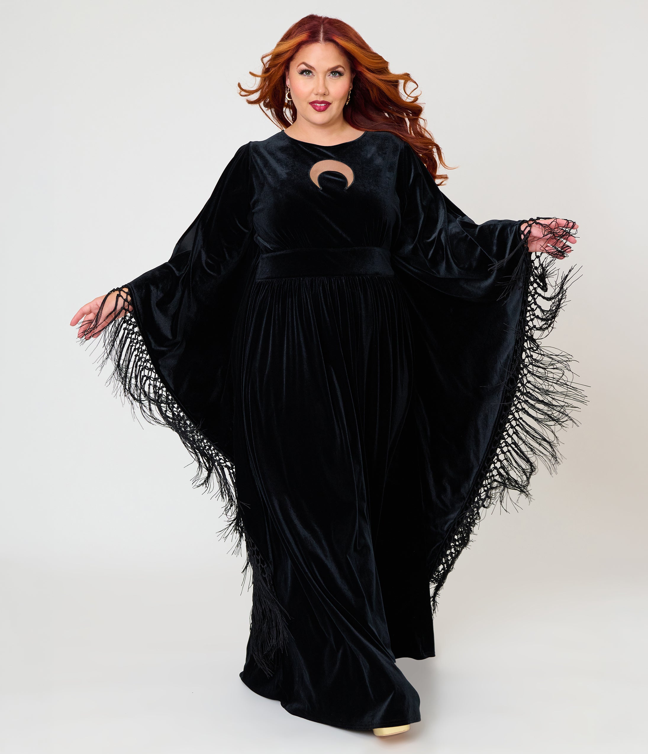 Unique Vintage Plus Size Black Velvet Moon Cutout Fringe Sleeve Dionne Caftan