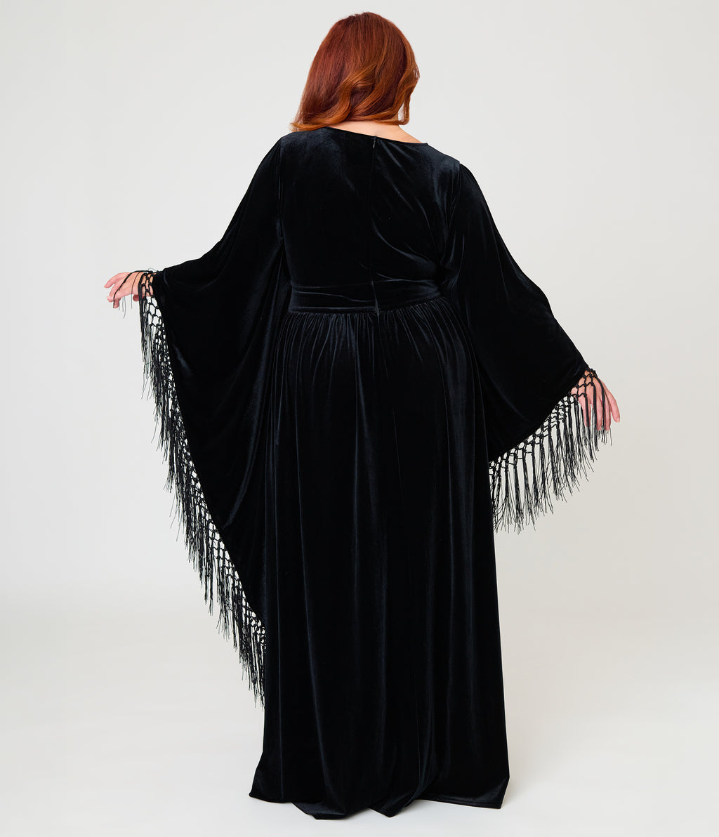 Unique Vintage Plus Size Black Velvet Moon Cutout Fringe Sleeve Dionne Caftan