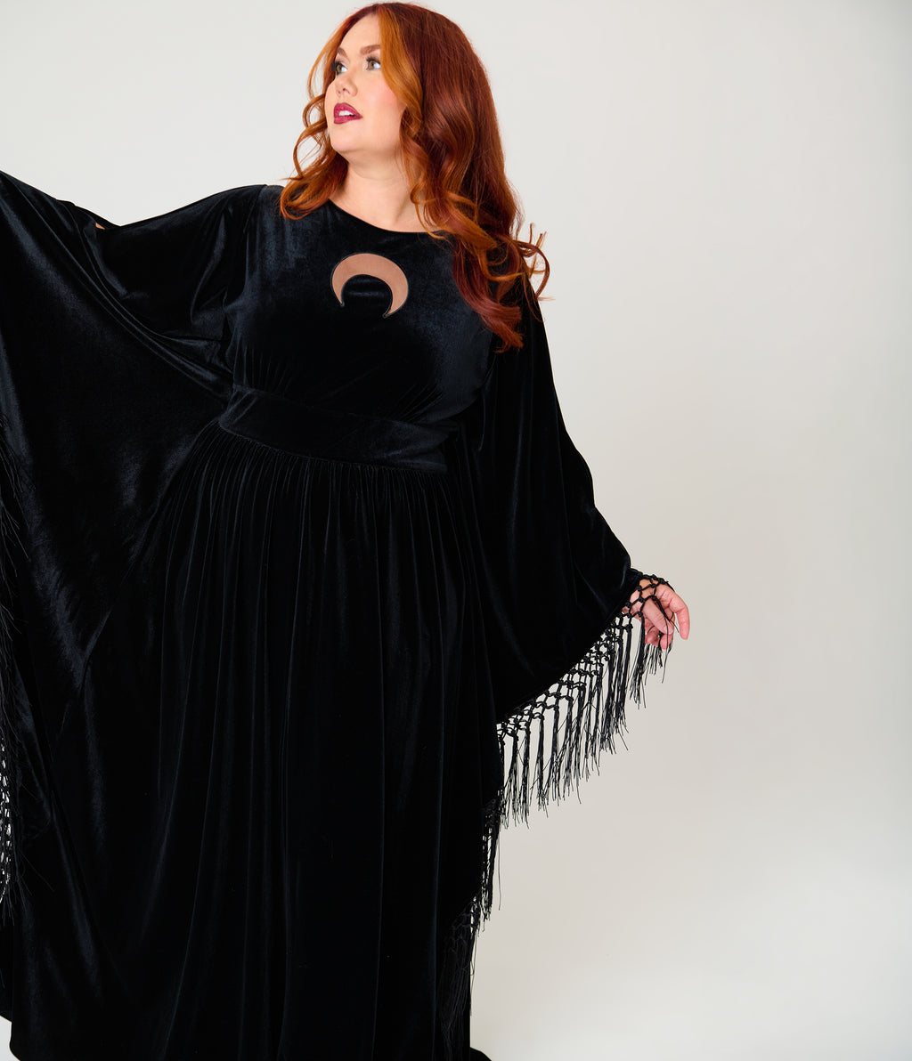 Unique Vintage Plus Size Black Velvet Moon Cutout Fringe Sleeve Dionne Caftan