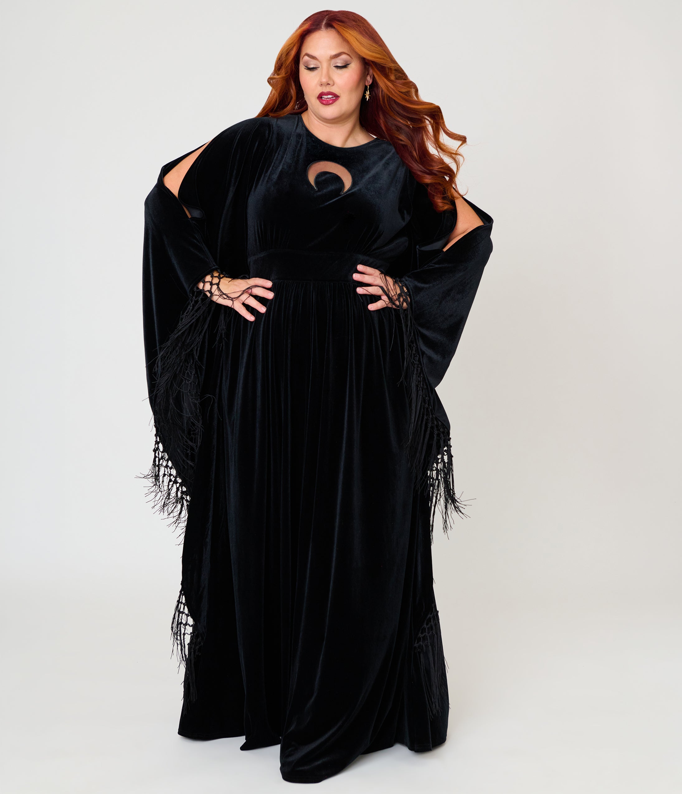 Unique Vintage Plus Size Black Velvet Moon Cutout Fringe Sleeve Dionne Caftan