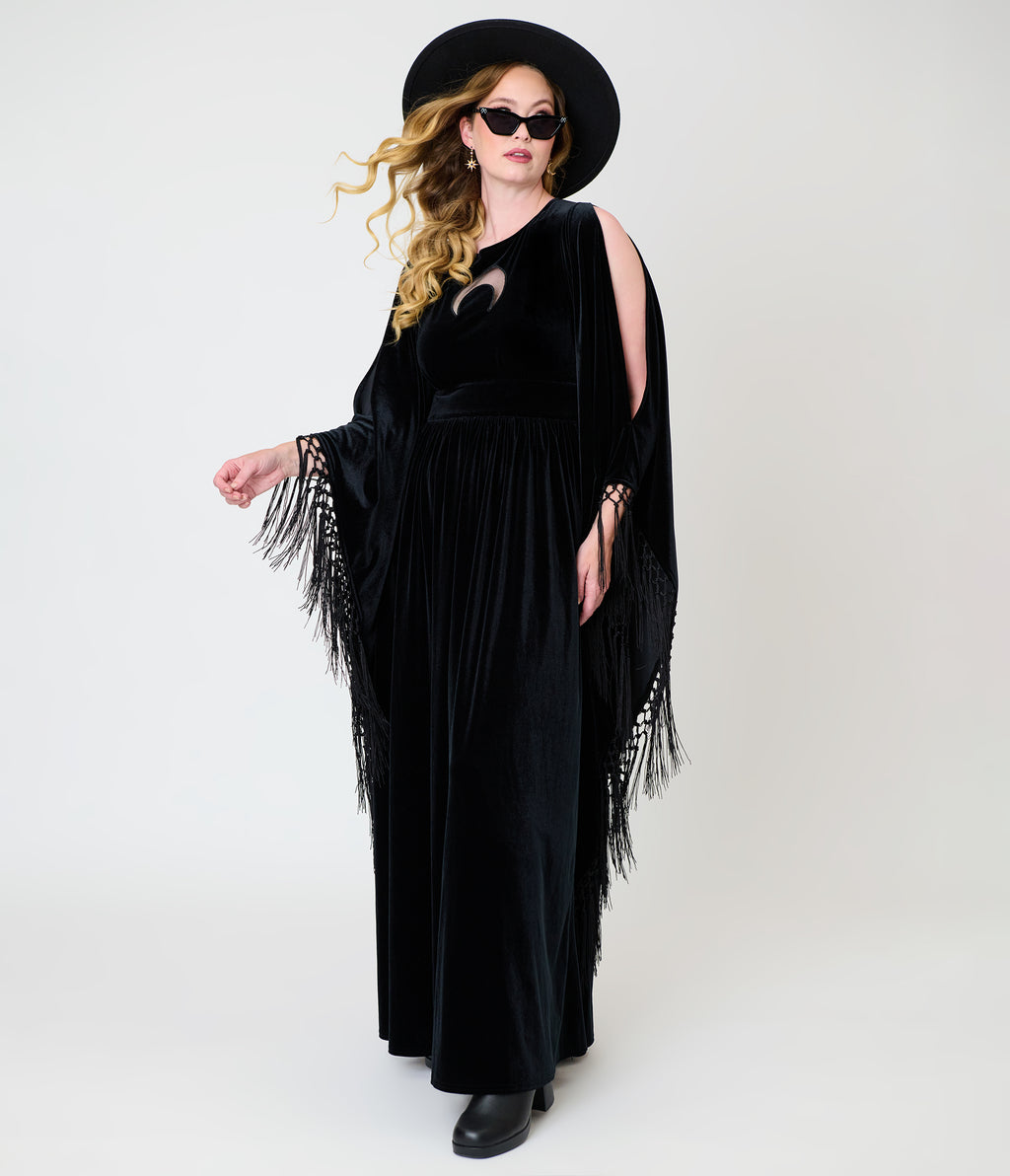 Unique Vintage Black Velvet Moon Cutout Fringe Sleeve Dionne Caftan