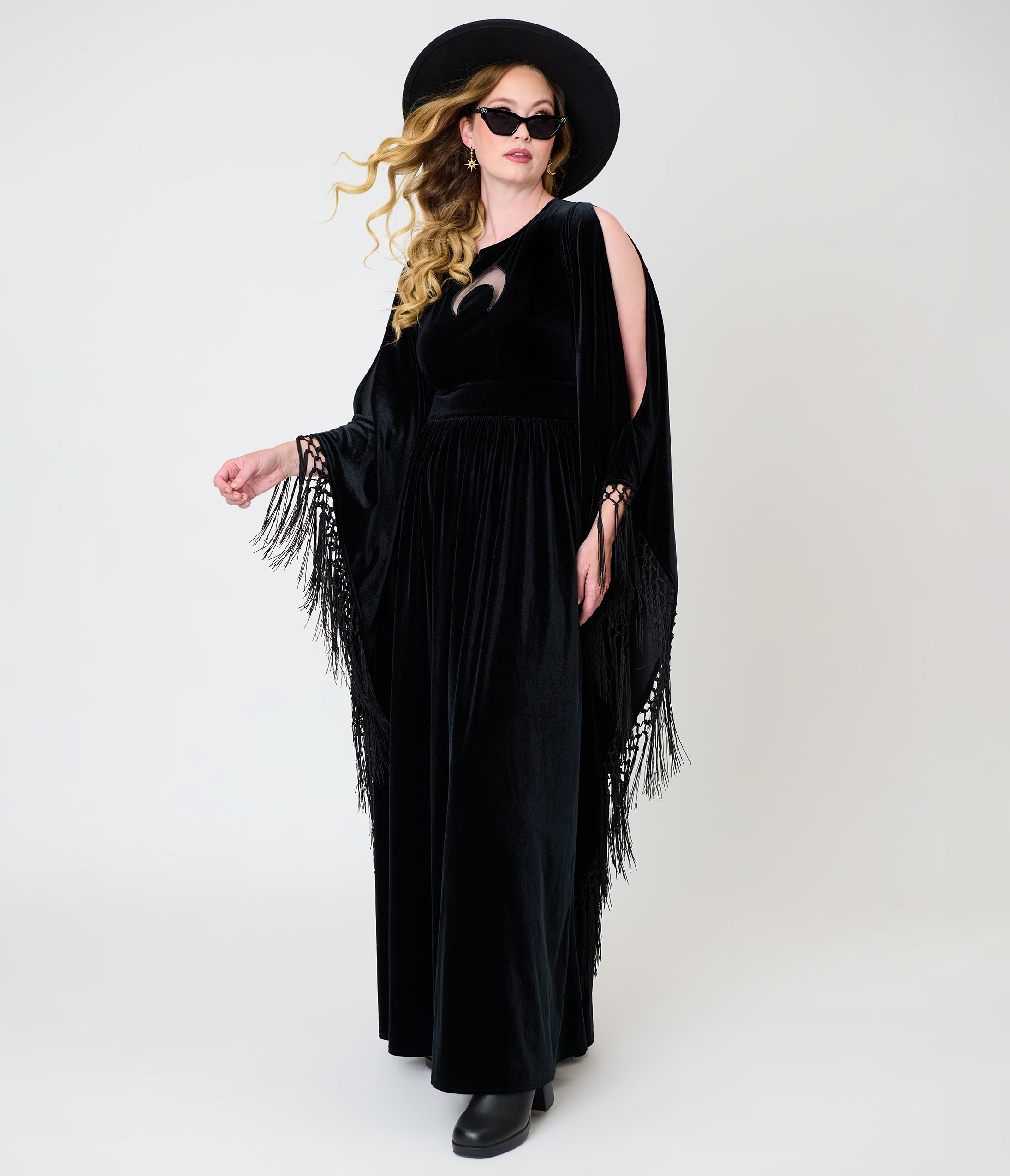 Unique Vintage Black Velvet Moon Cutout Fringe Sleeve Dionne Caftan