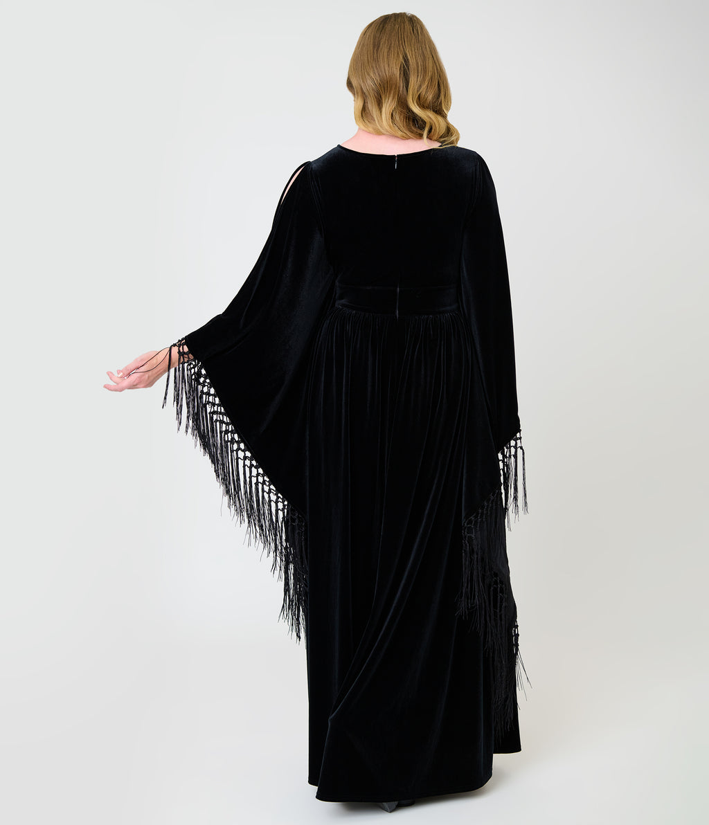 Unique Vintage Black Velvet Moon Cutout Fringe Sleeve Dionne Caftan