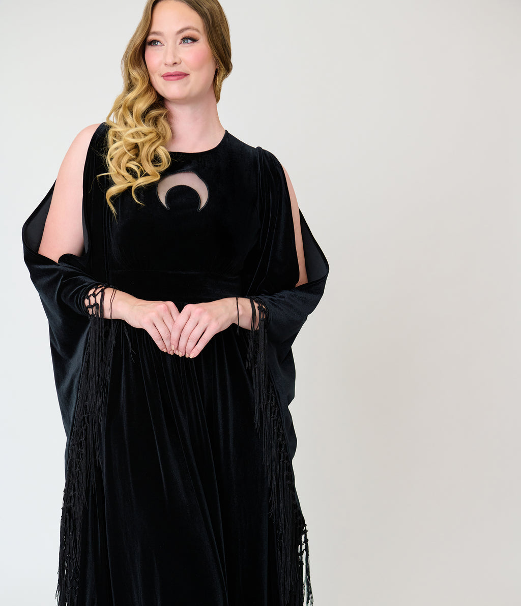Unique Vintage Black Velvet Moon Cutout Fringe Sleeve Dionne Caftan