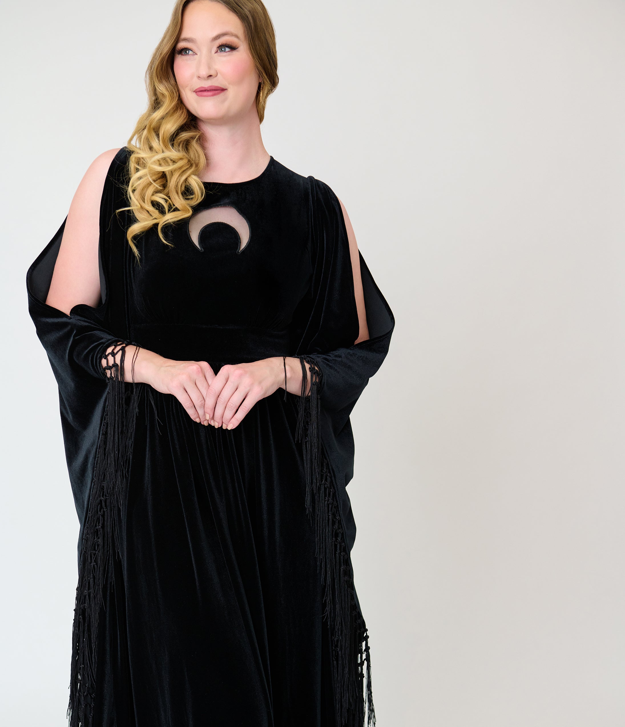 Unique Vintage Black Velvet Moon Cutout Fringe Sleeve Dionne Caftan