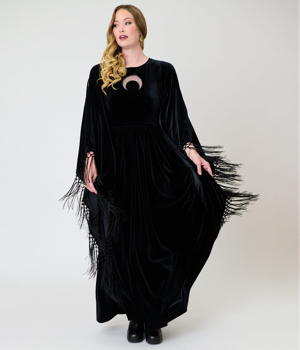 Unique Vintage Black Velvet Moon Cutout Fringe Sleeve Dionne Caftan
