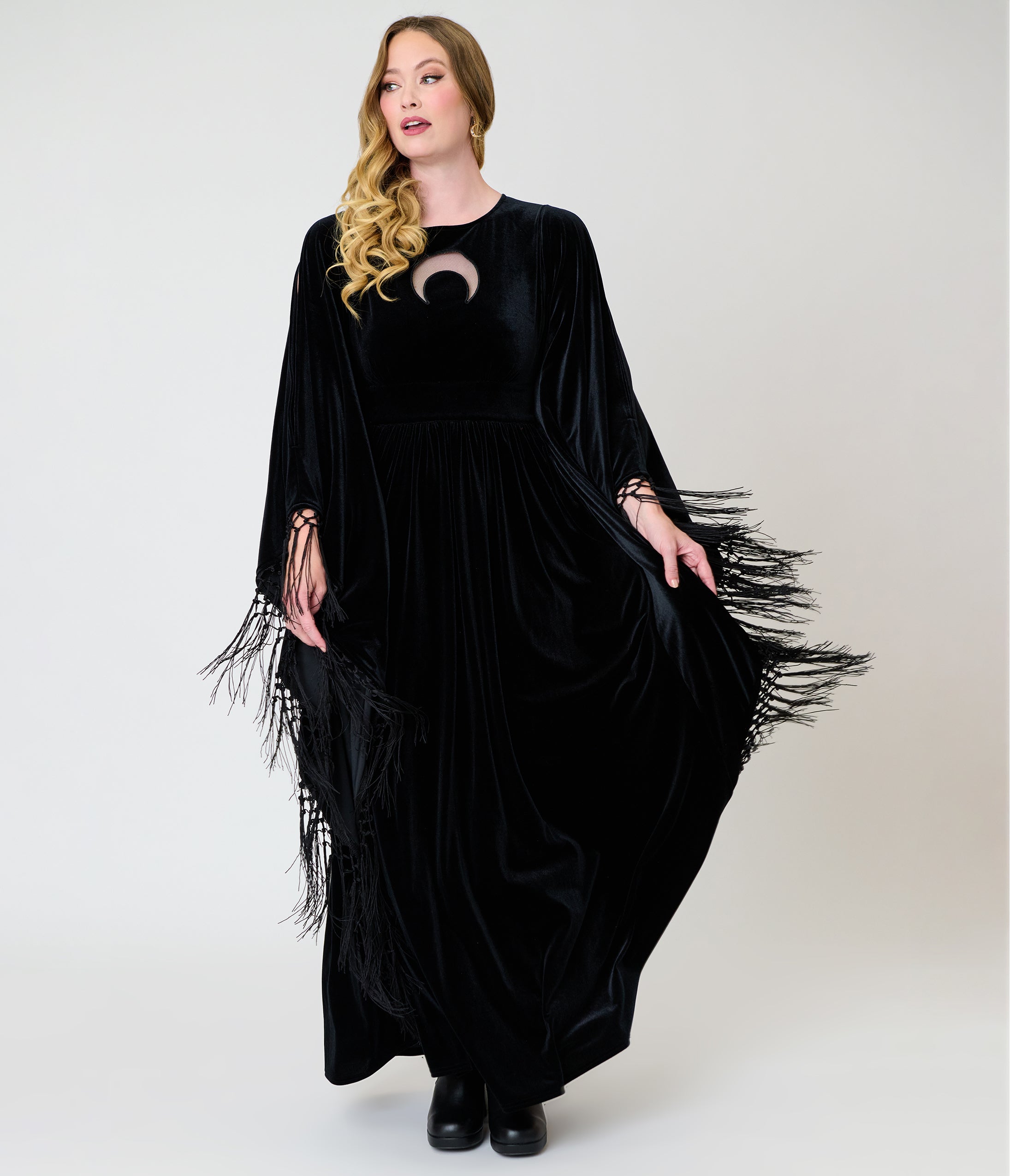 Unique Vintage Black Velvet Moon Cutout Fringe Sleeve Dionne Caftan