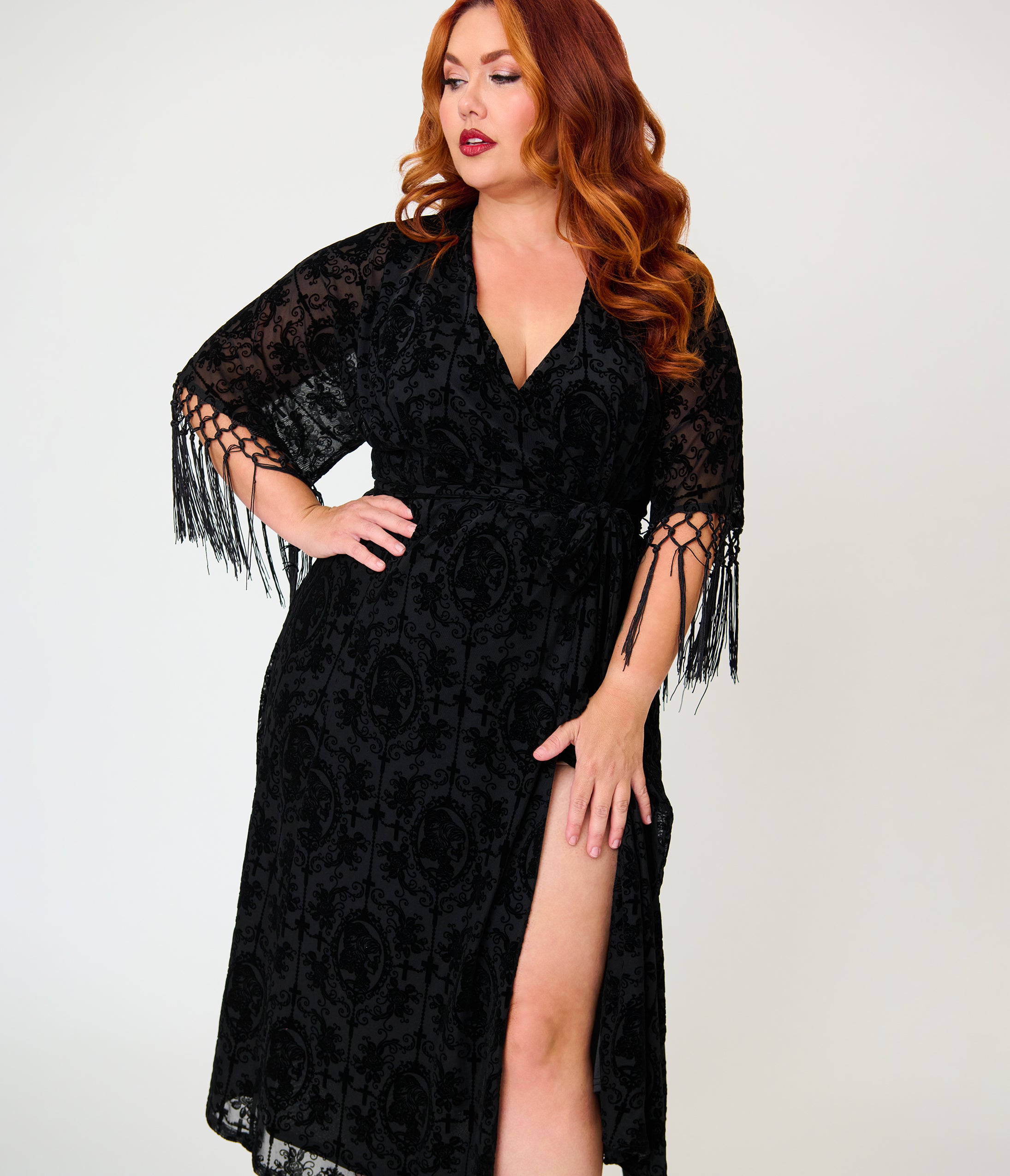 Unique Vintage Plus Size Black La Caterina Velvet Burnout Wrap Angelique Midi Dress