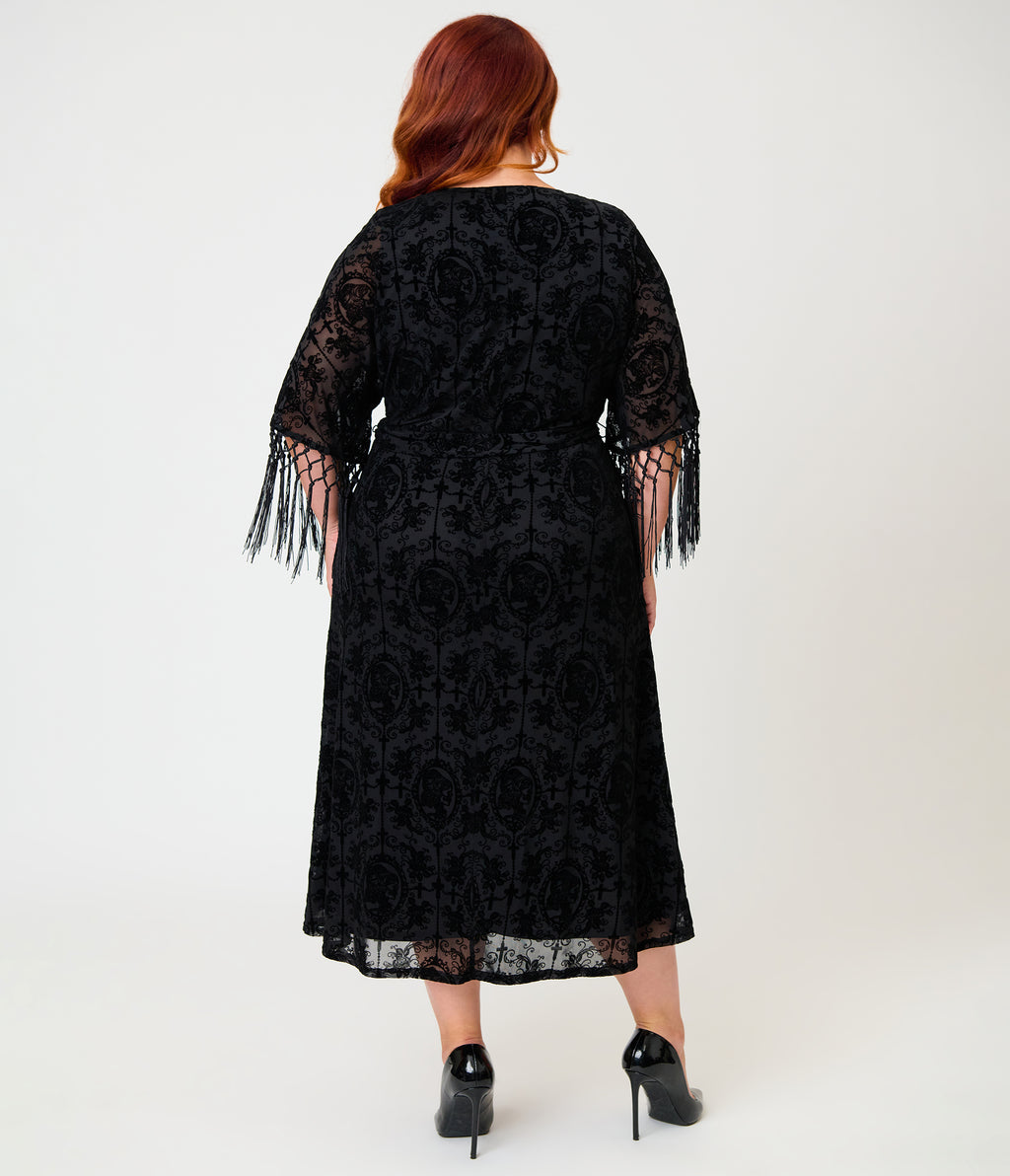 Unique Vintage Plus Size Black La Caterina Velvet Burnout Wrap Angelique Midi Dress