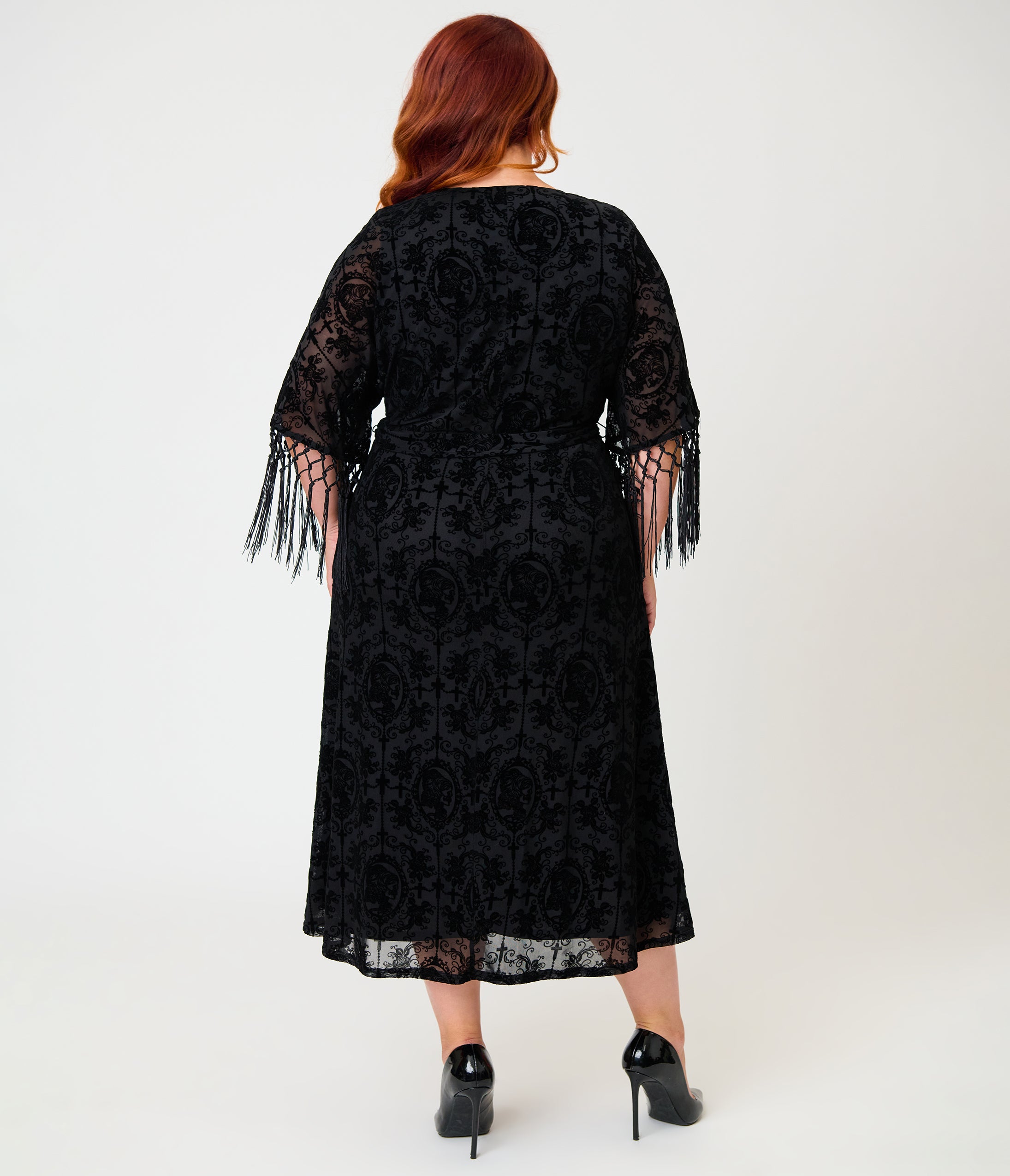 Unique Vintage Plus Size Black La Caterina Velvet Burnout Wrap Angelique Midi Dress