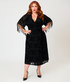 Unique Vintage Plus Size Black La Caterina Velvet Burnout Wrap Angelique Midi Dress