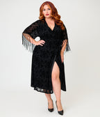 Unique Vintage Plus Size Black La Caterina Velvet Burnout Wrap Angelique Midi Dress