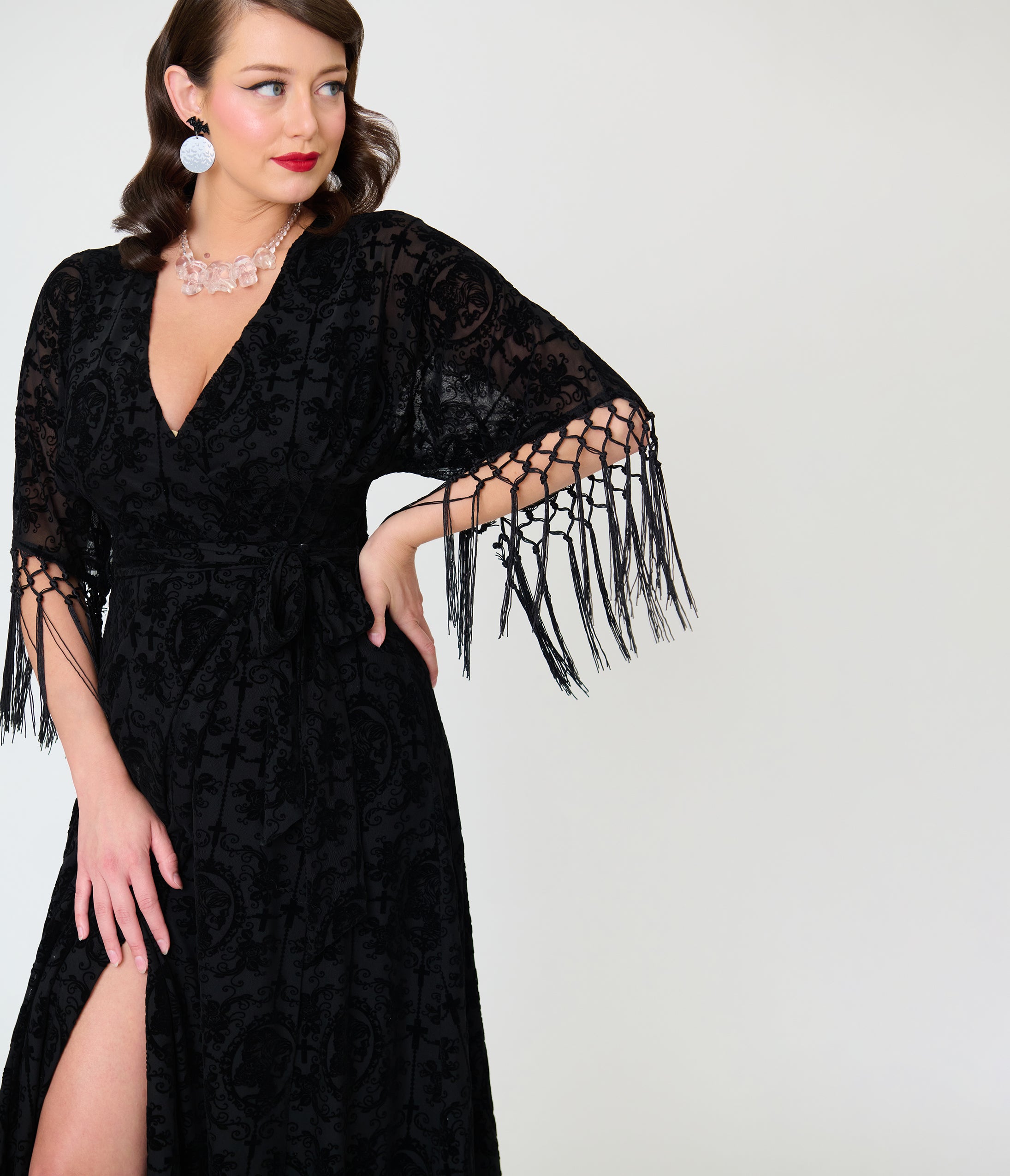 Unique Vintage Black La Caterina Velvet Burnout Wrap Angelique Midi Dress