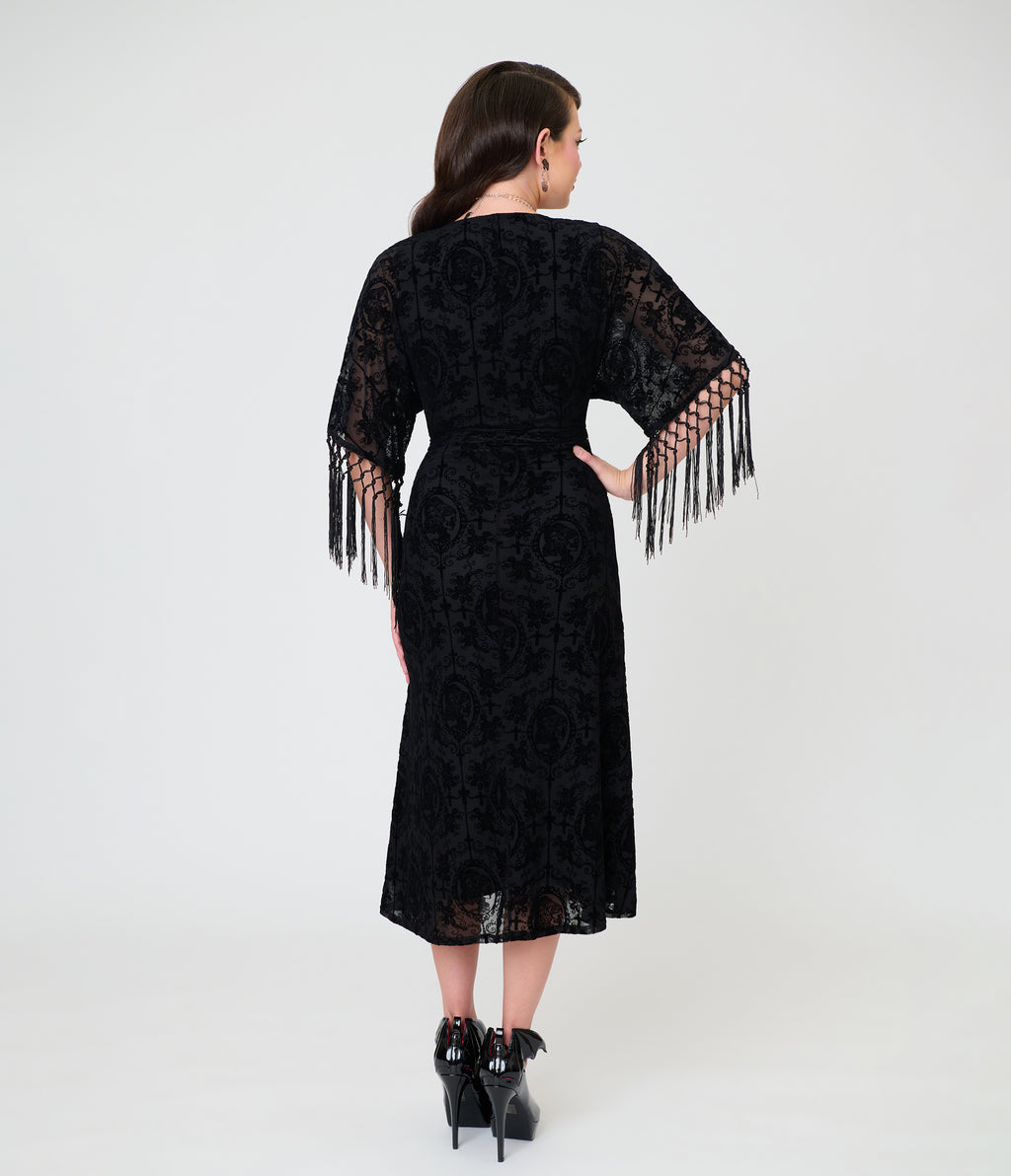 Unique Vintage Black La Caterina Velvet Burnout Wrap Angelique Midi Dress