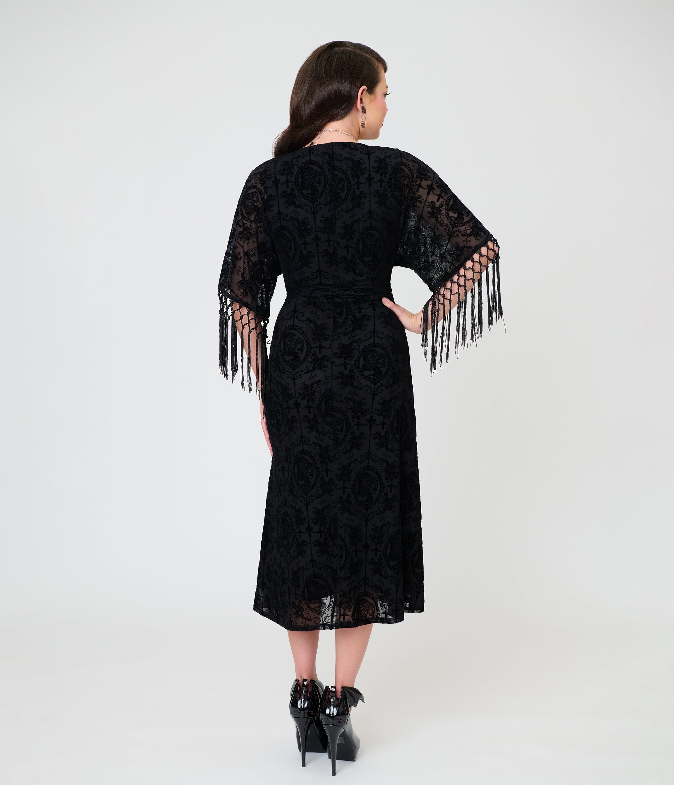Unique Vintage Black La Caterina Velvet Burnout Wrap Angelique Midi Dress