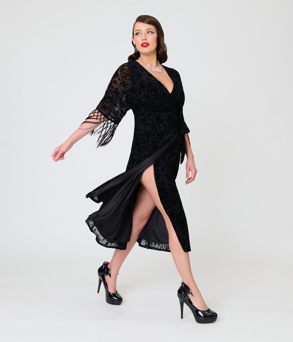 Unique Vintage Black La Caterina Velvet Burnout Wrap Angelique Midi Dress