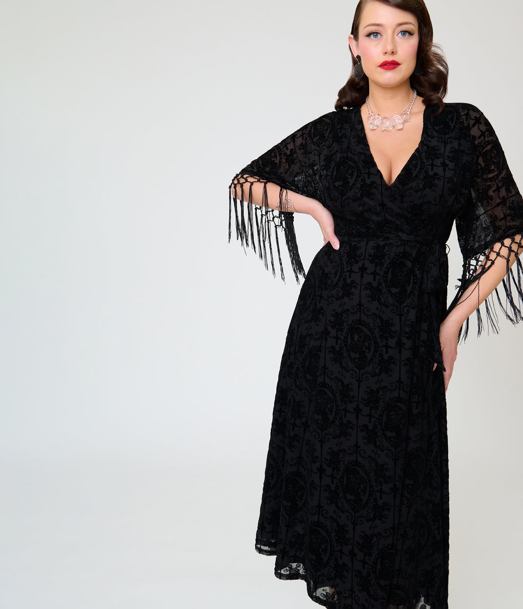 Unique Vintage Black La Caterina Velvet Burnout Wrap Angelique Midi Dress