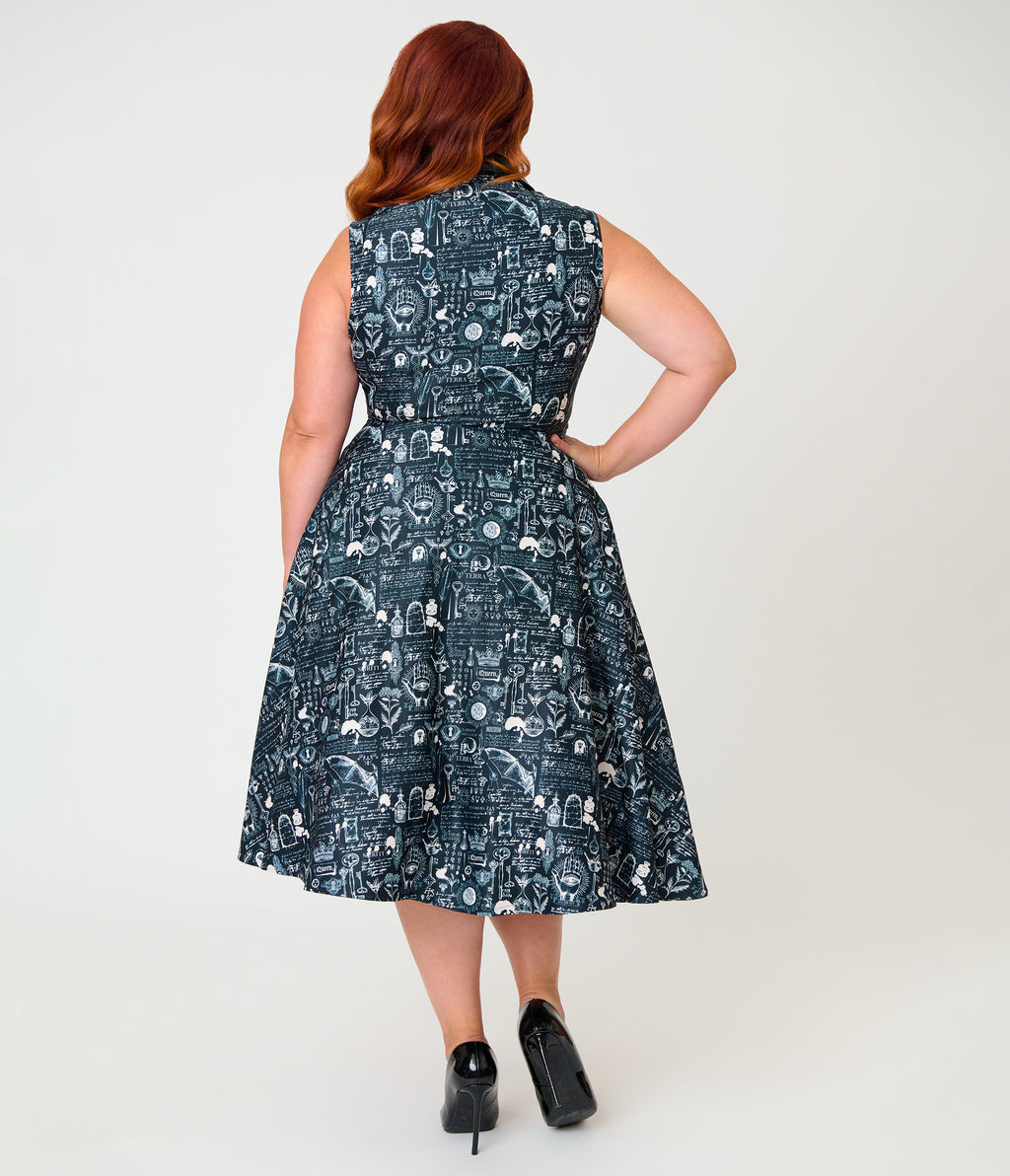 Unique Vintage Plus Size Black Bat Print & Bat Collar Darlene Swing Dress