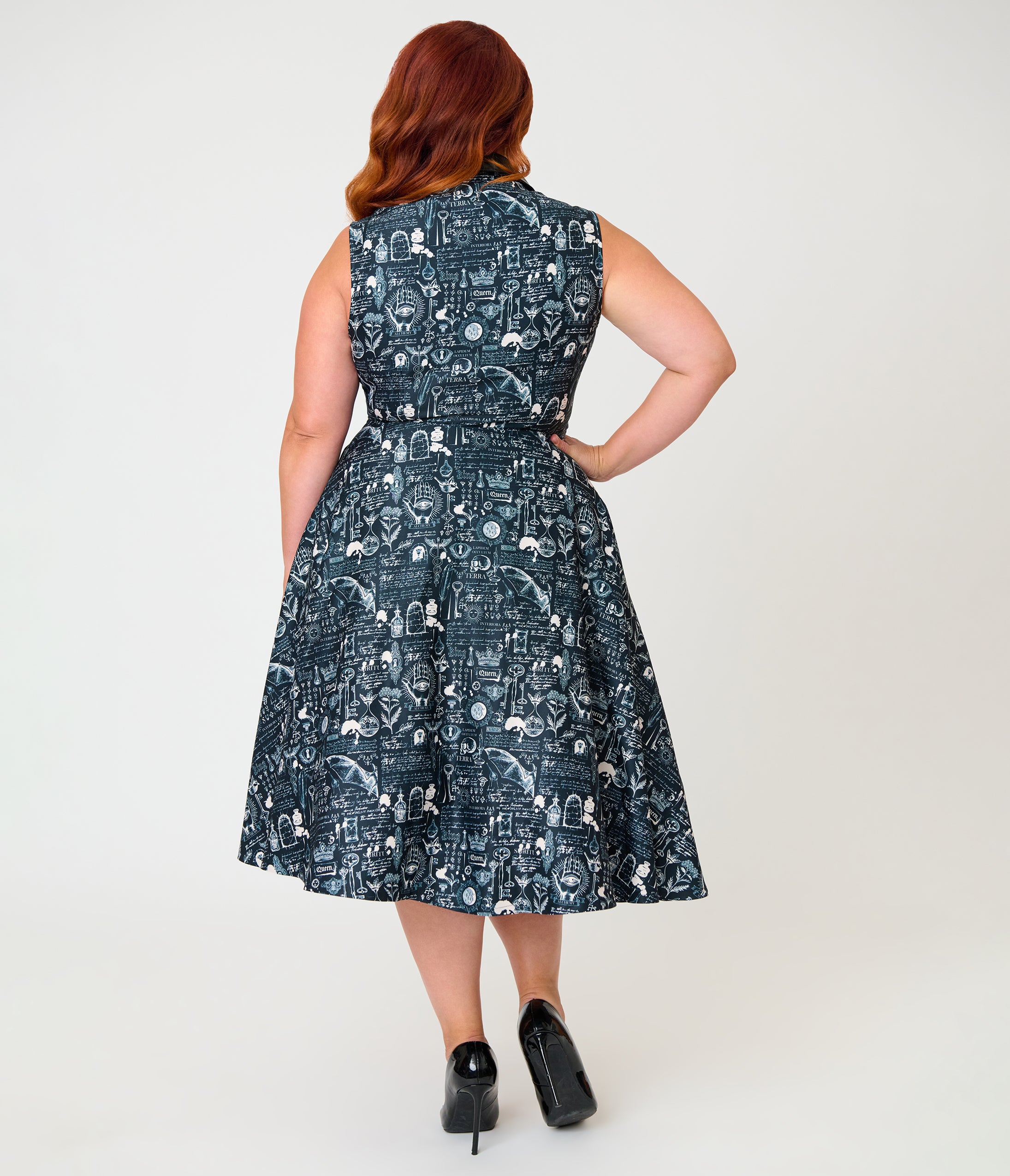 Unique Vintage Plus Size Black Bat Print & Bat Collar Darlene Swing Dress
