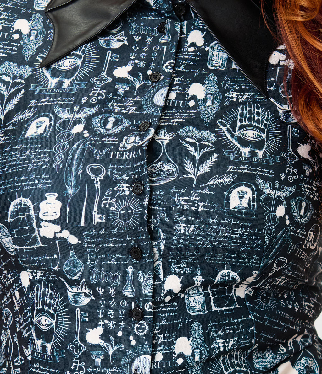 Unique Vintage Plus Size Black Bat Print & Bat Collar Darlene Swing Dress