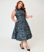 Unique Vintage Plus Size Black Bat Print & Bat Collar Darlene Swing Dress