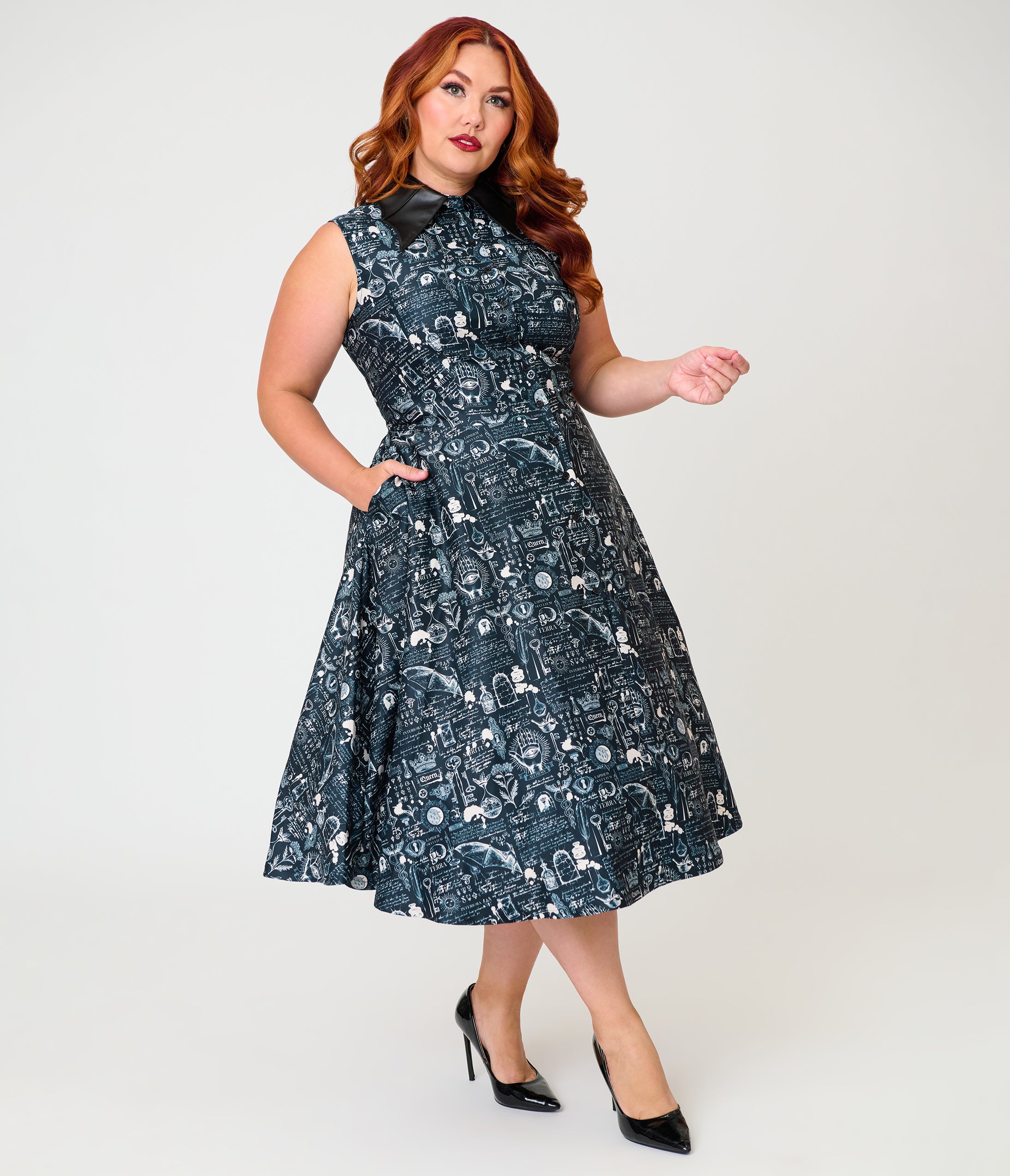 Unique Vintage Plus Size Black Bat Print & Bat Collar Darlene Swing Dress