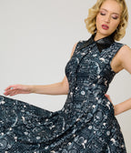 Unique Vintage Black Bat Print & Bat Collar Darlene Swing Dress